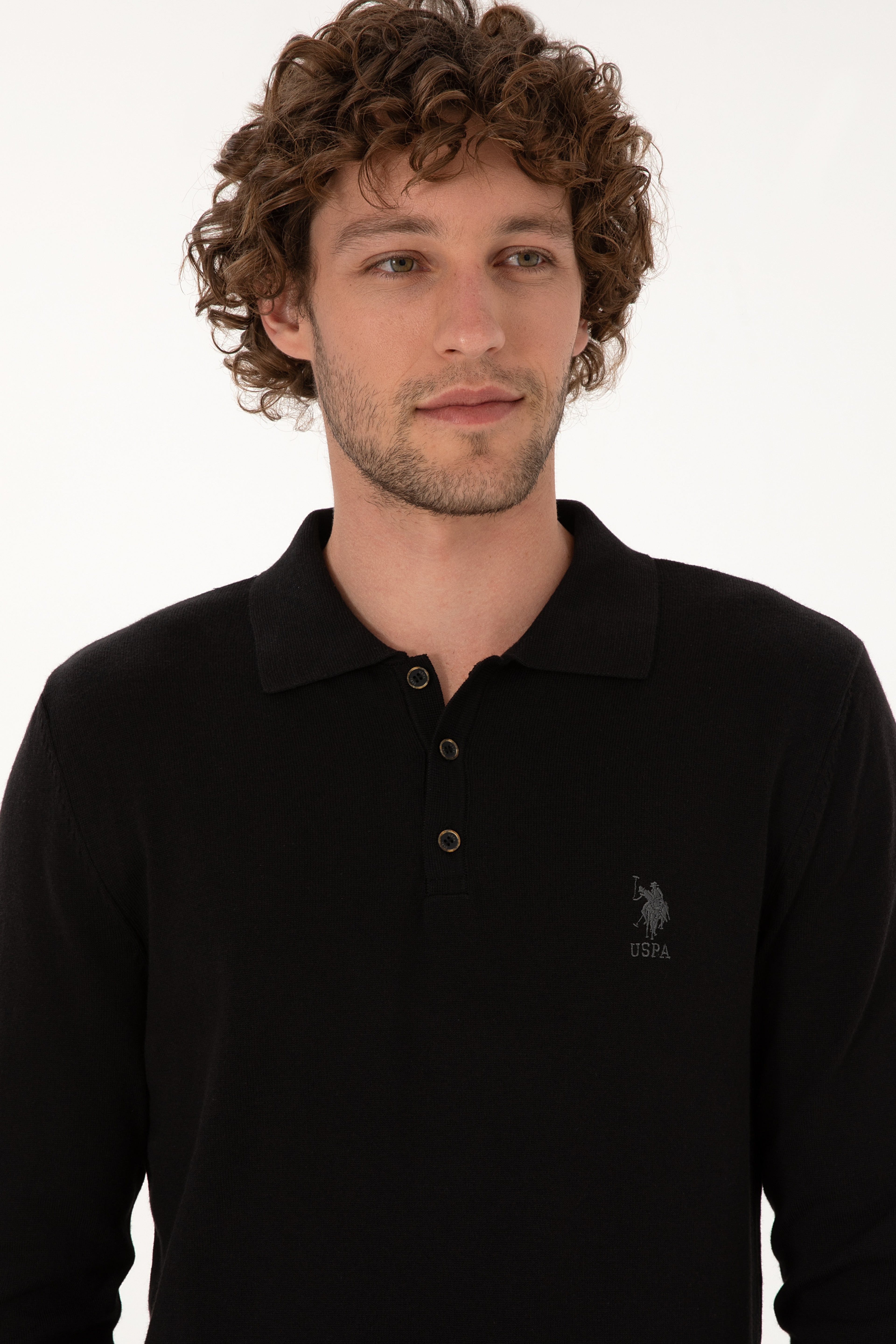 Erkek Slim Fit Polo Yaka Siyah Basic Kazak - Image 2