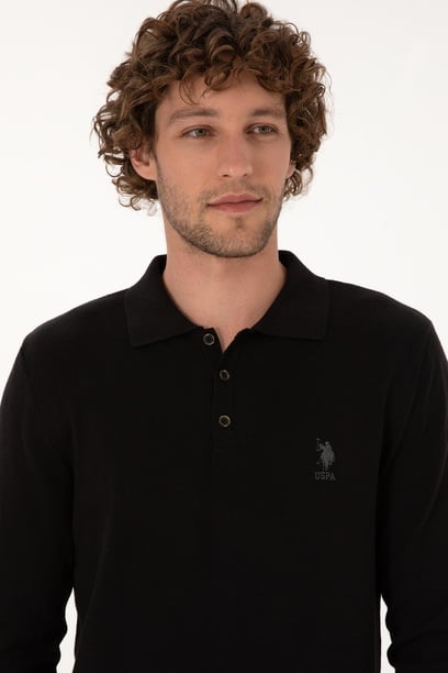 Erkek Slim Fit Polo Yaka Siyah Basic Kazak