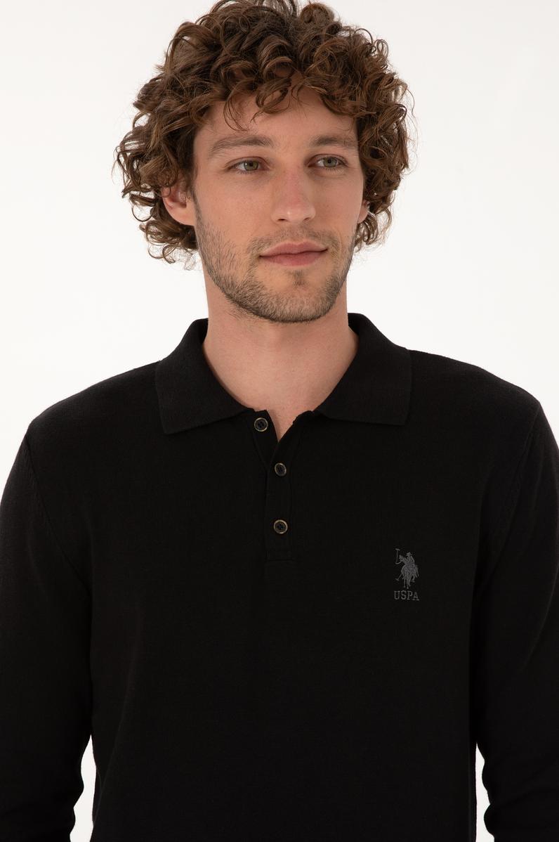 Erkek Slim Fit Polo Yaka Siyah Basic Kazak