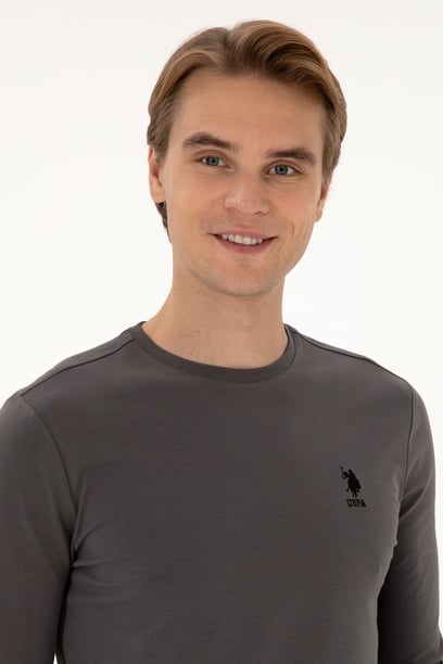 Erkek Slim Fit Bisiklet Yaka Gri Basic Sweatshirt