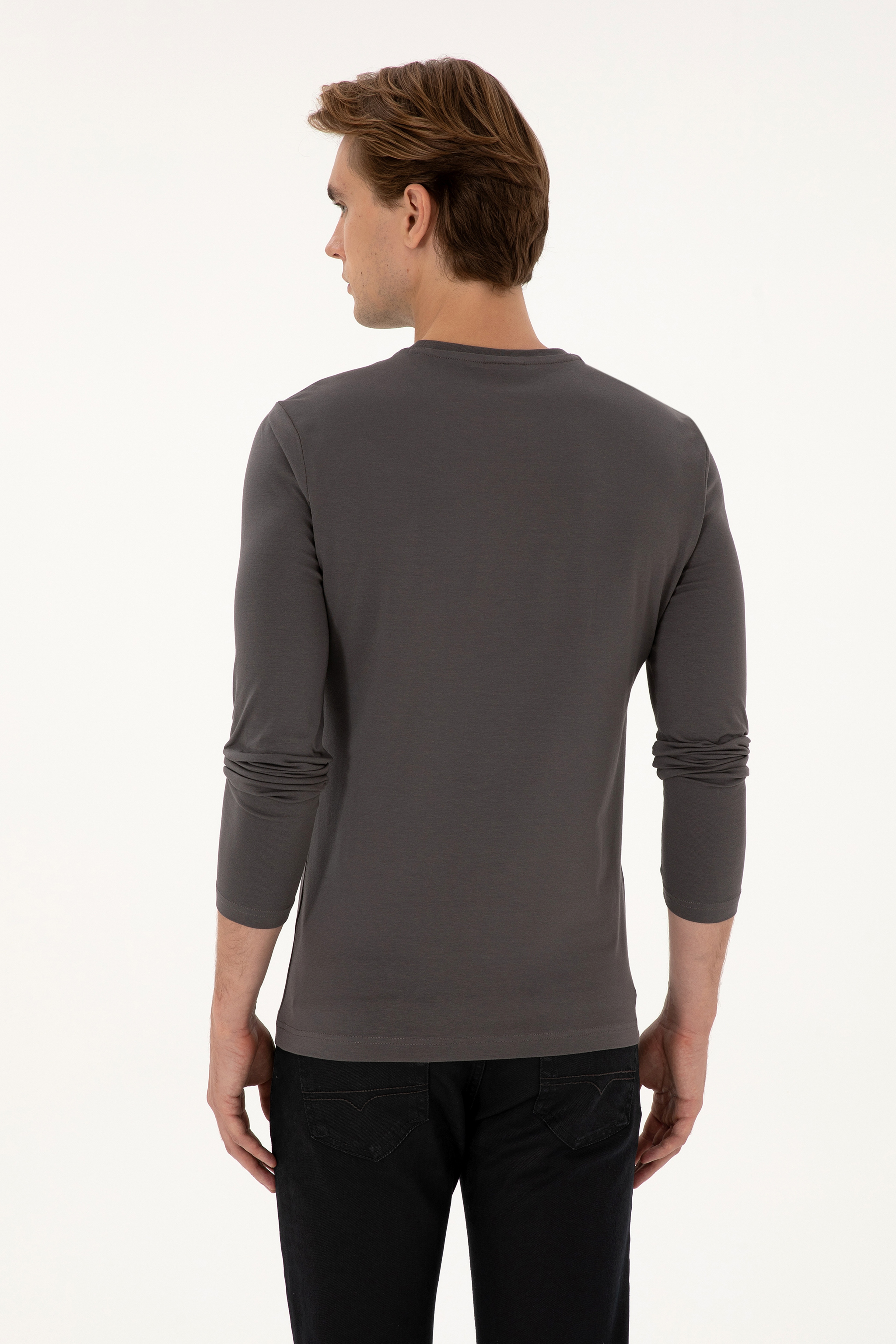 Erkek Slim Fit Bisiklet Yaka Gri Basic Sweatshirt