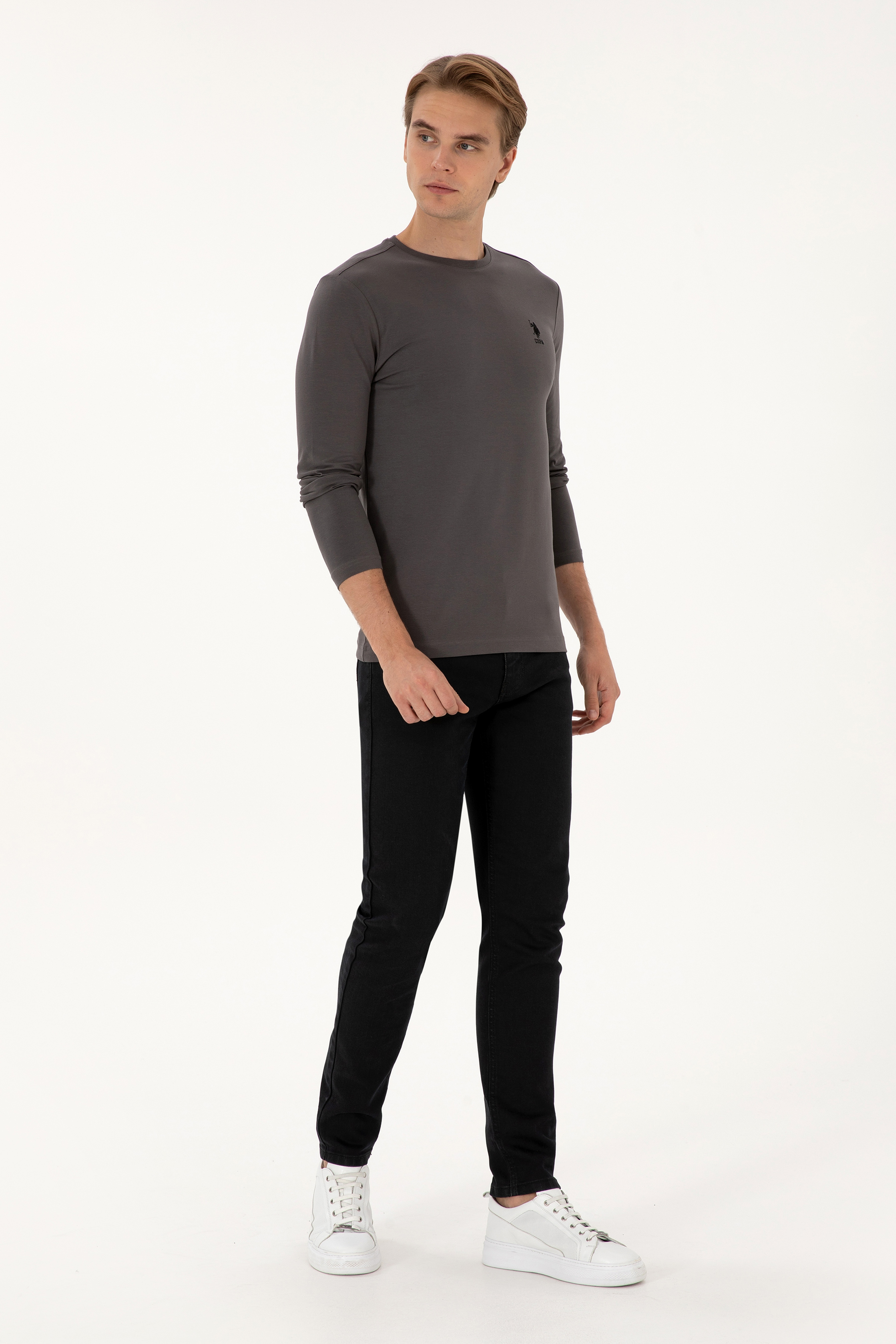 Erkek Slim Fit Bisiklet Yaka Gri Basic Sweatshirt - Image 4
