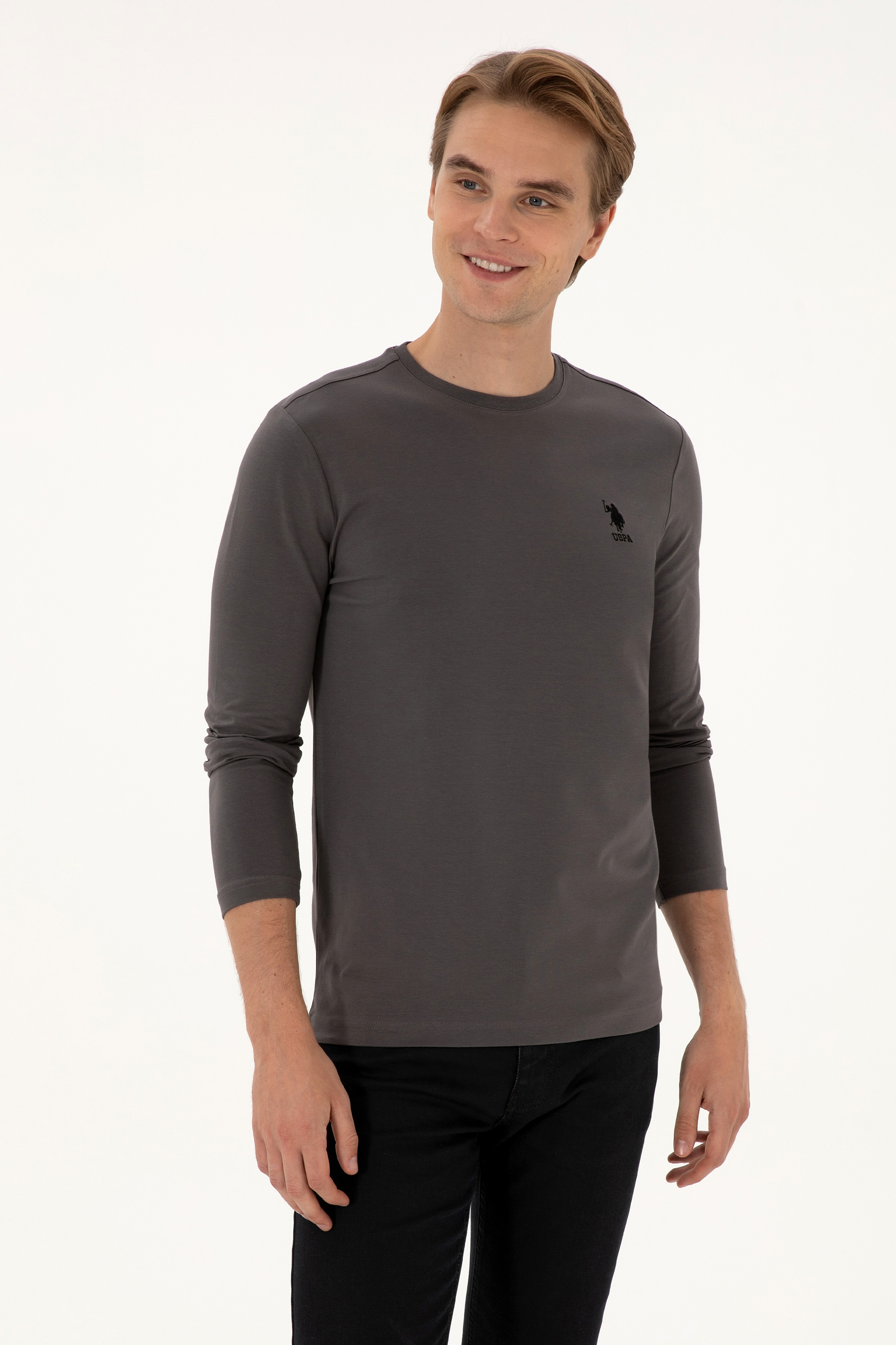 Erkek Slim Fit Bisiklet Yaka Gri Basic Sweatshirt
