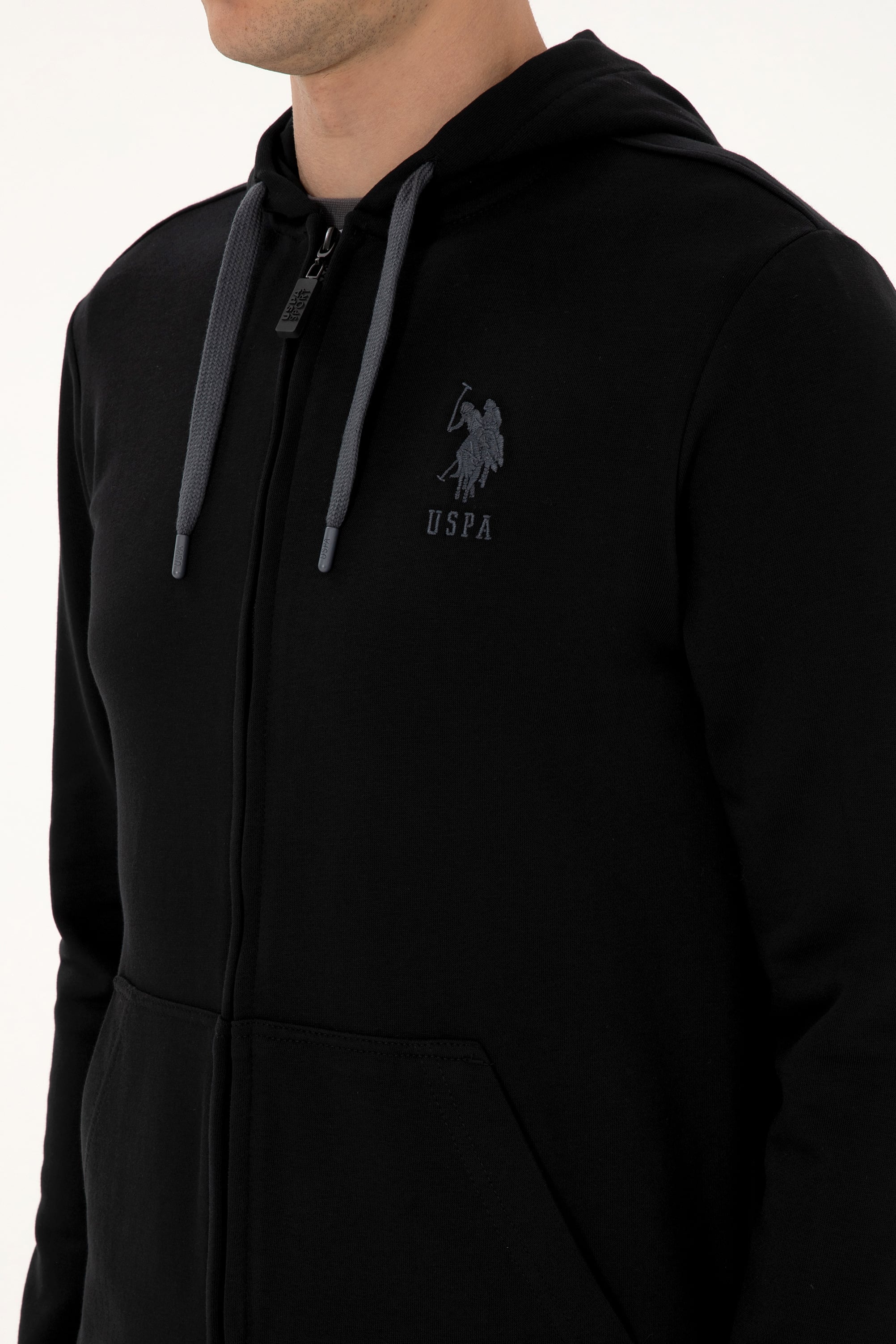 Erkek Regular Fit Regular Fit Fermuarlı Kapüşonlu Siyah Örme Hırka