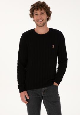 Erkek Slim Fit Bisiklet Yaka Desenli Siyah Kazak - 50307836042