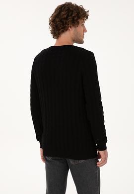 Erkek Slim Fit Bisiklet Yaka Desenli Siyah Kazak - 50307836042