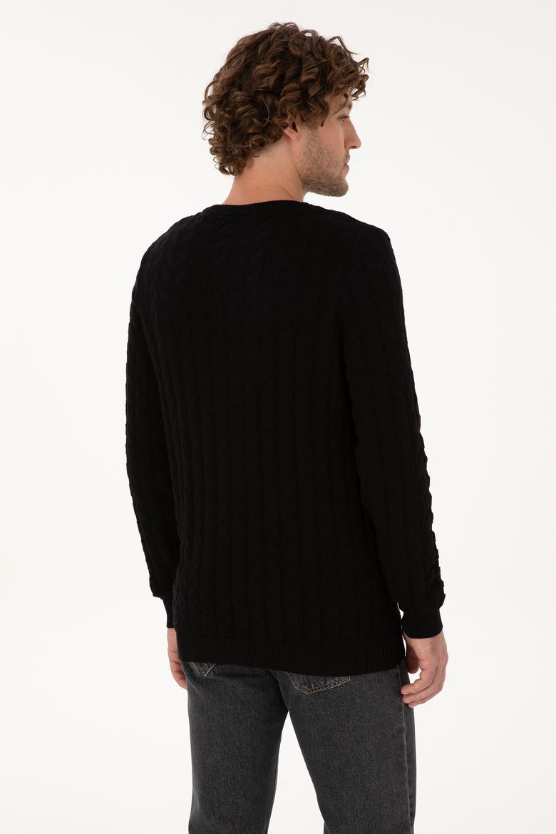 Erkek Slim Fit Bisiklet Yaka Desenli Siyah Kazak - 50307836042