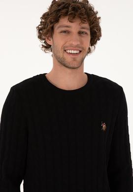 Erkek Slim Fit Bisiklet Yaka Desenli Siyah Kazak - 50307836042