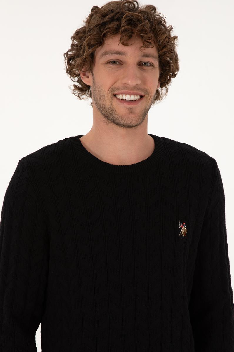 Erkek Slim Fit Bisiklet Yaka Desenli Siyah Kazak