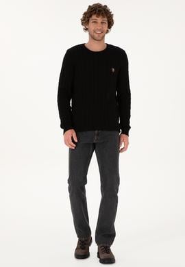 Erkek Slim Fit Bisiklet Yaka Desenli Siyah Kazak - 50307836042
