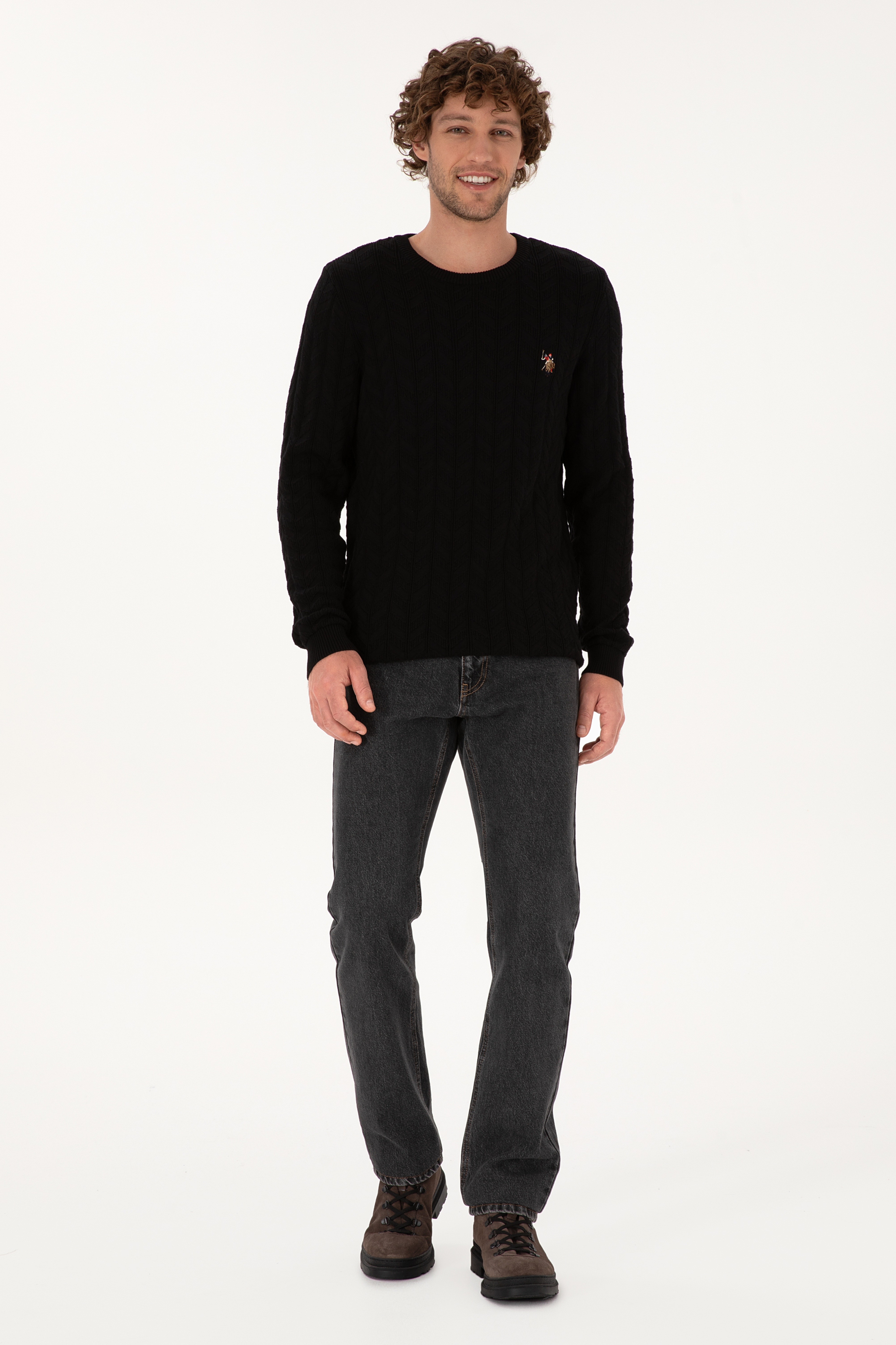 Erkek Slim Fit Bisiklet Yaka Desenli Siyah Kazak - Image 4