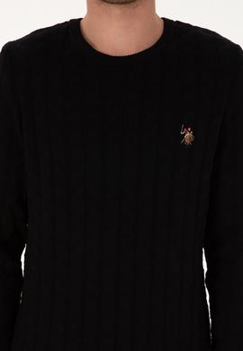 Erkek Slim Fit Bisiklet Yaka Desenli Siyah Kazak - 50307836042