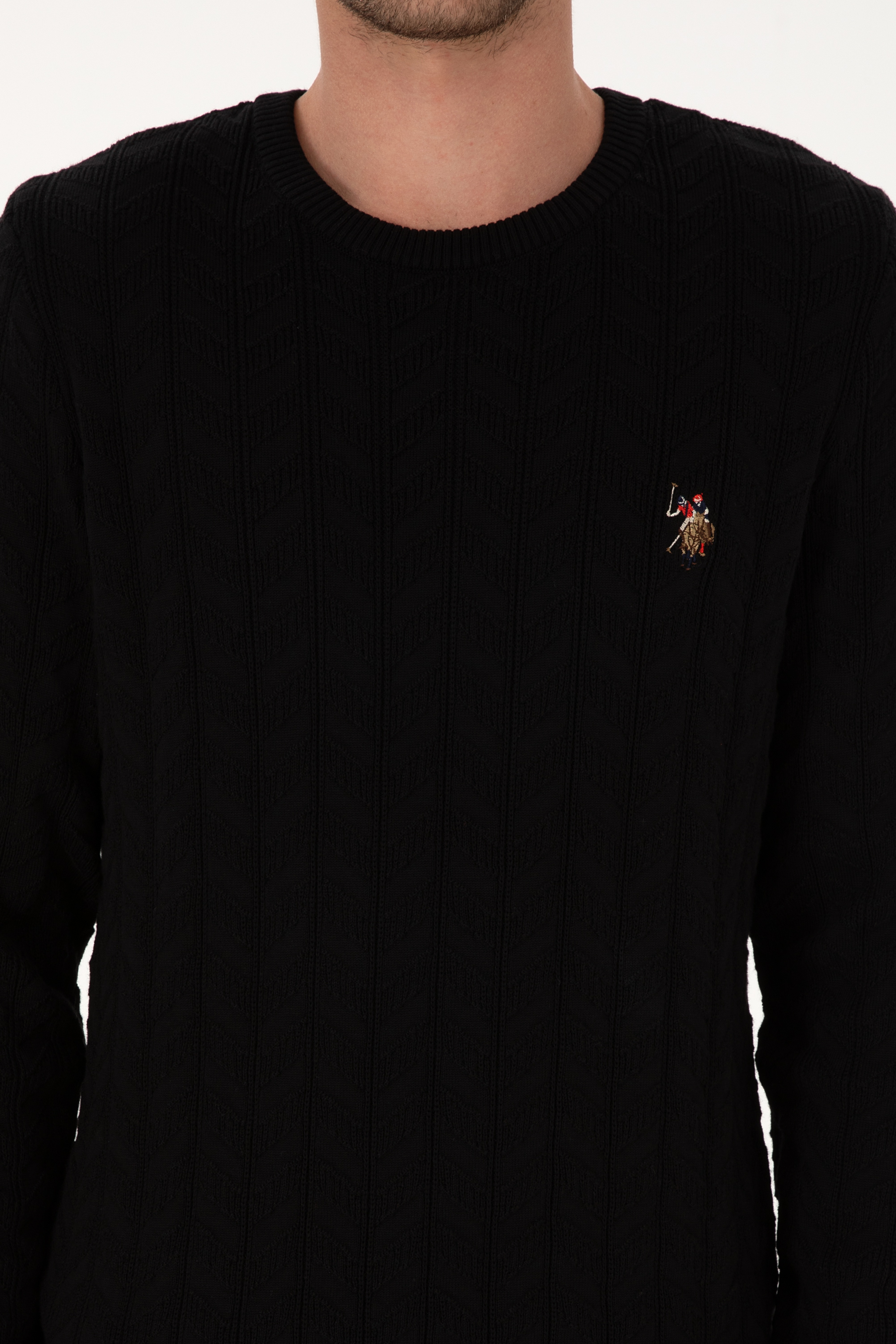 Erkek Slim Fit Bisiklet Yaka Desenli Siyah Kazak - Image 6