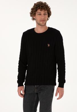 Erkek Slim Fit Bisiklet Yaka Desenli Siyah Kazak - 50307836042