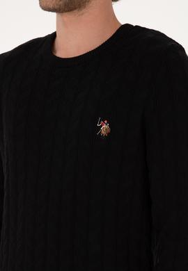 Erkek Slim Fit Bisiklet Yaka Desenli Siyah Kazak - 50307836042