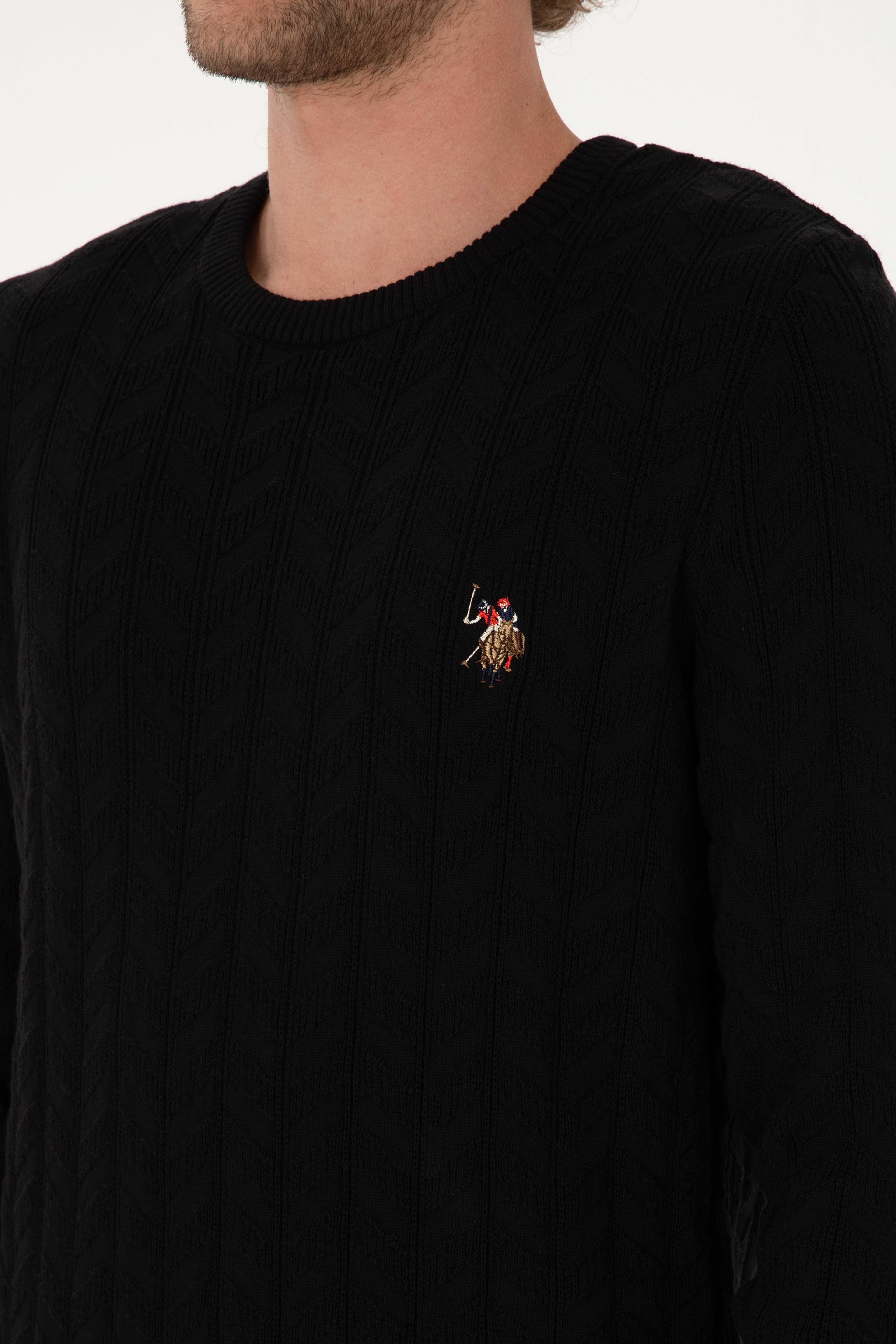 Erkek Slim Fit Bisiklet Yaka Desenli Siyah Kazak - Image 7