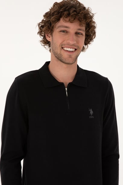 Erkek Slim Fit Yarım Fermuarlı Polo Yaka Siyah Kazak