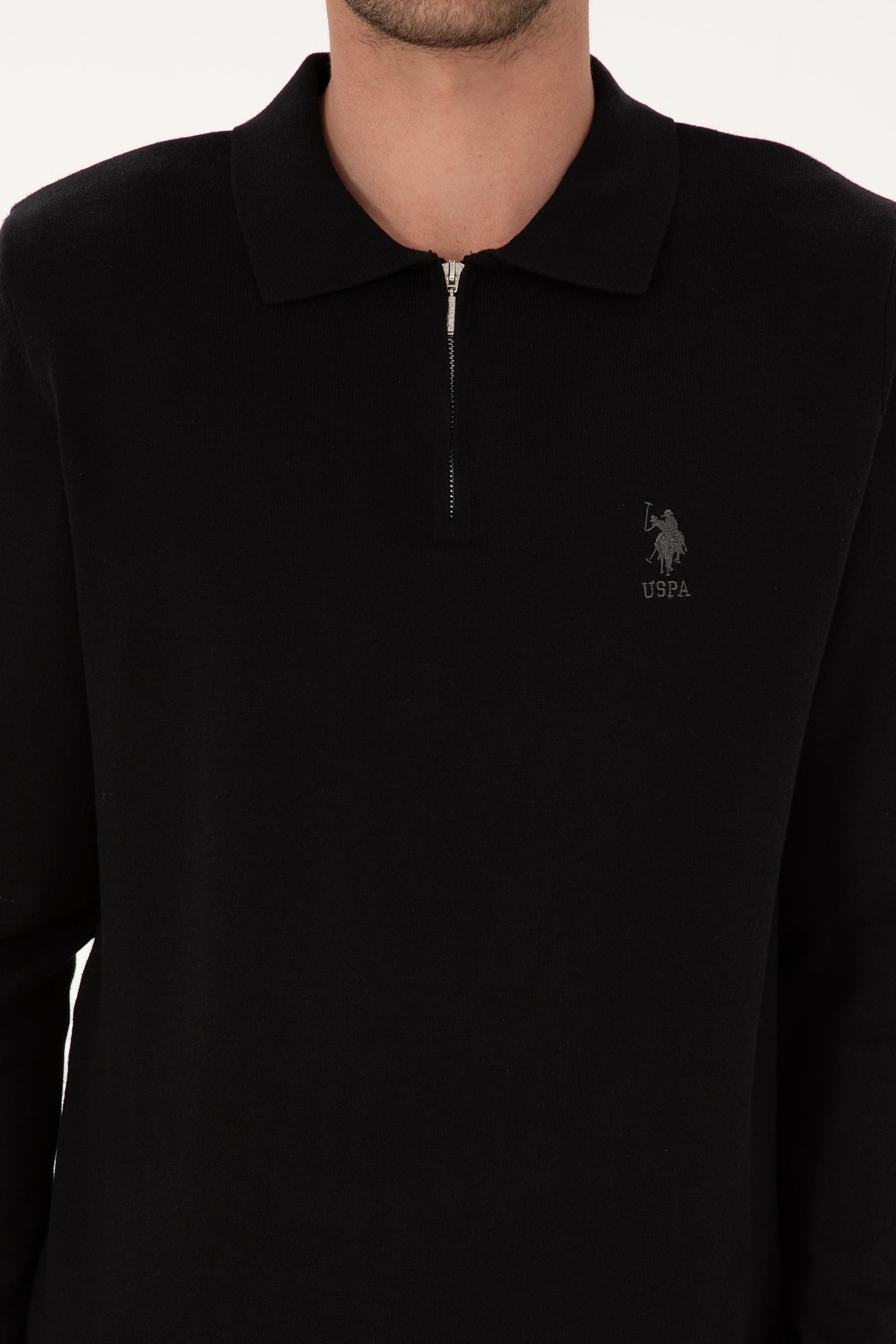 Erkek Slim Fit Yarım Fermuarlı Polo Yaka Siyah Kazak - Image 6
