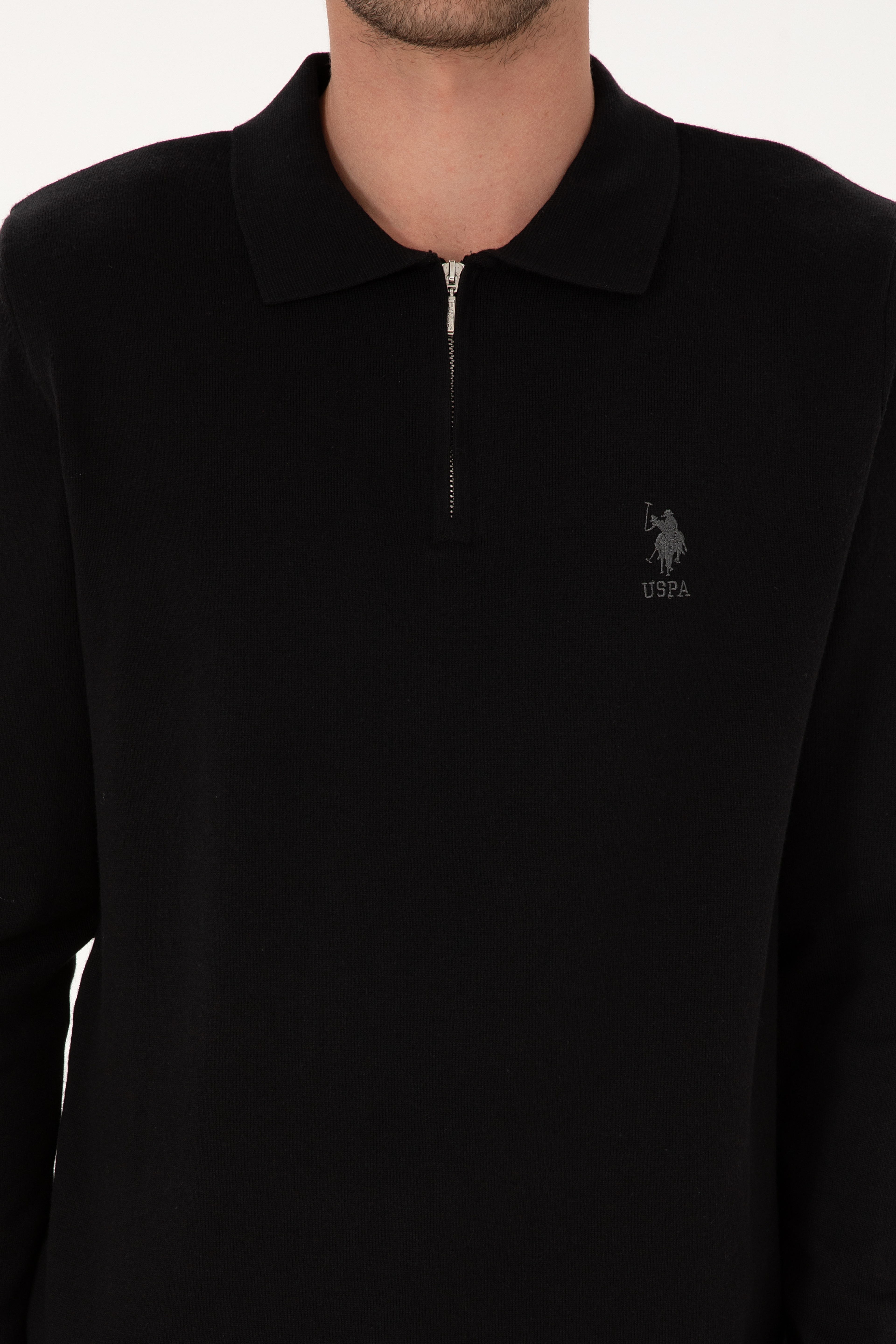 Erkek Slim Fit Yarım Fermuarlı Polo Yaka Siyah Kazak
