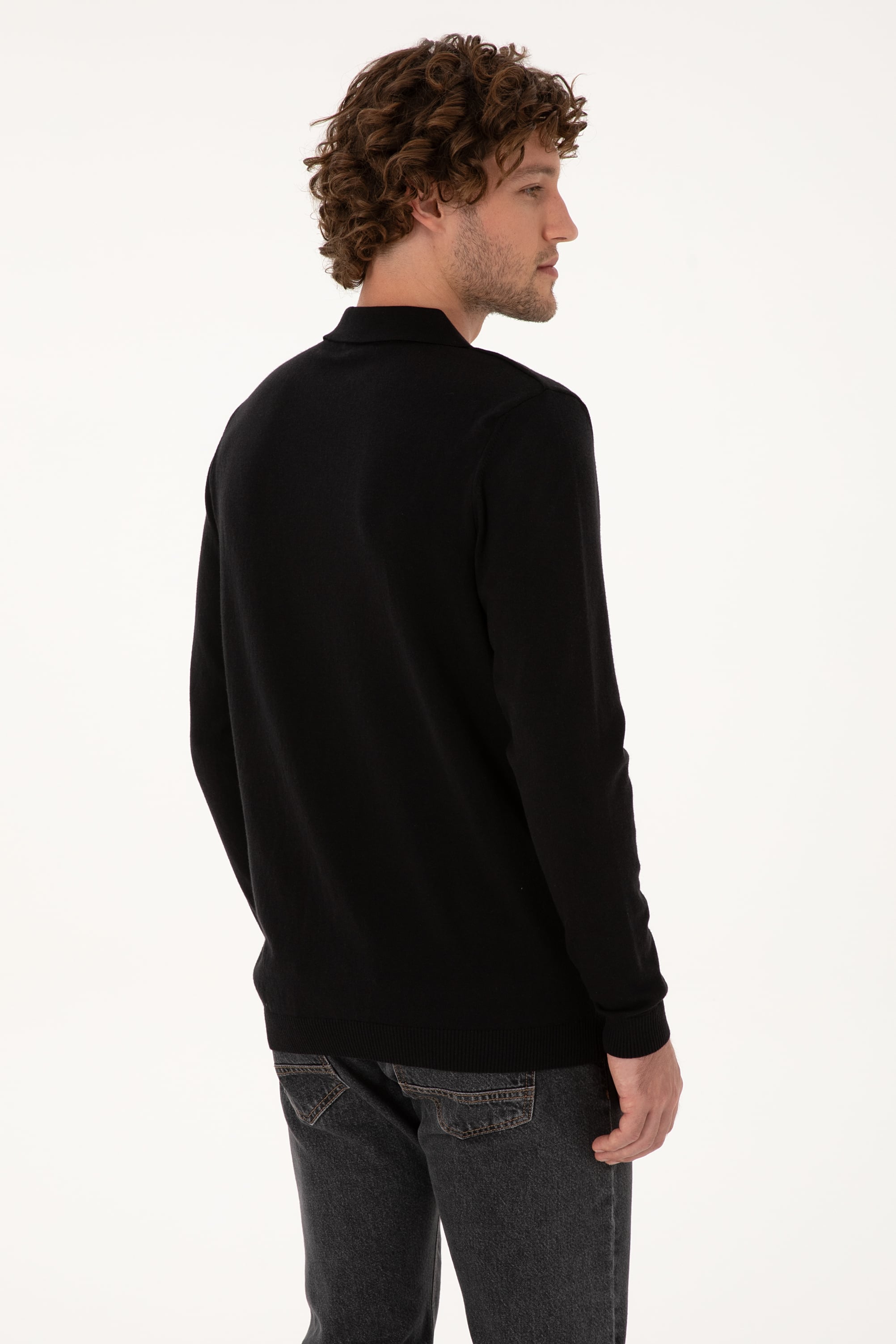 Erkek Slim Fit Yarım Fermuarlı Polo Yaka Siyah Kazak - Image 5