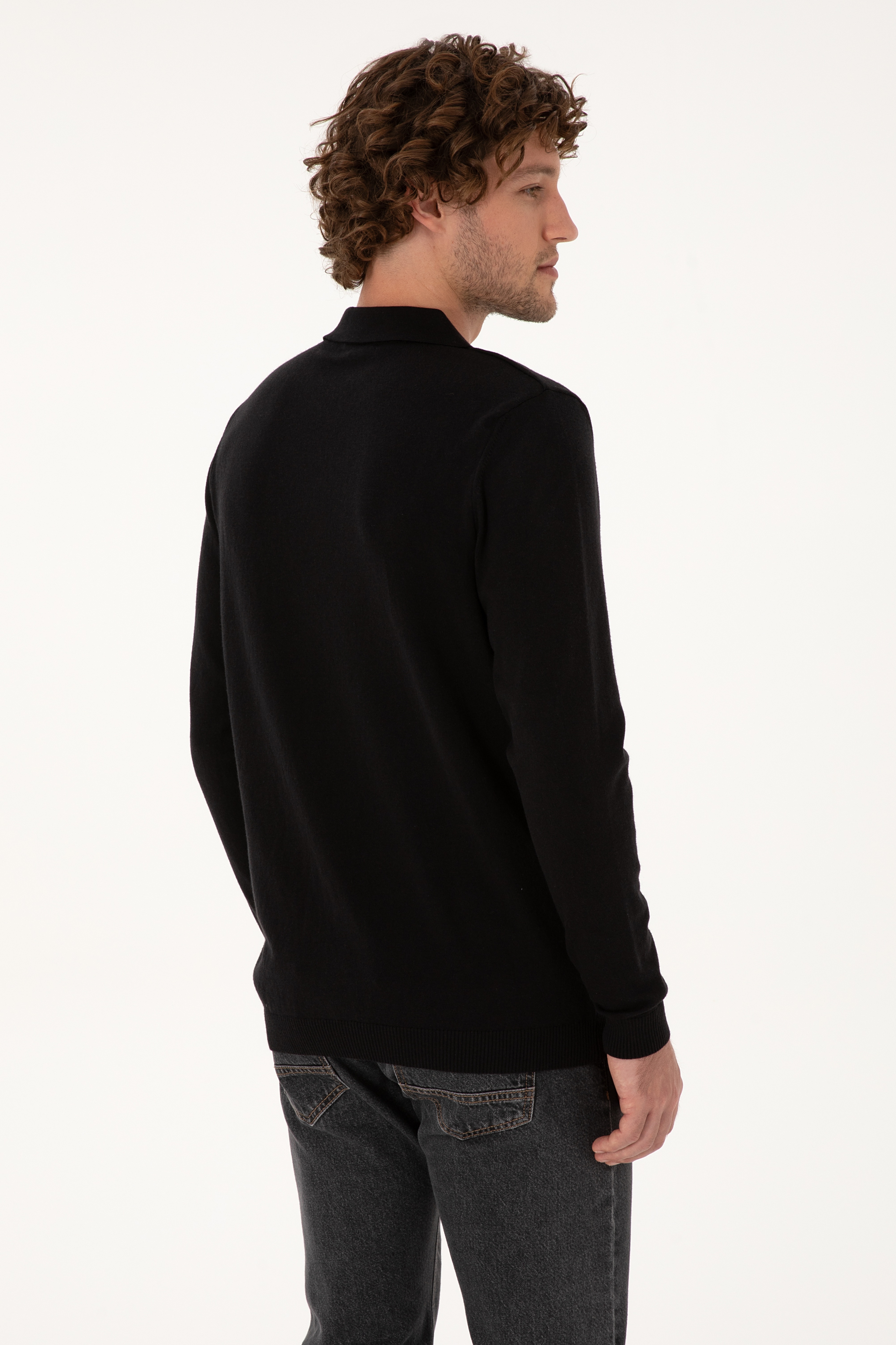Erkek Slim Fit Yarım Fermuarlı Polo Yaka Siyah Kazak