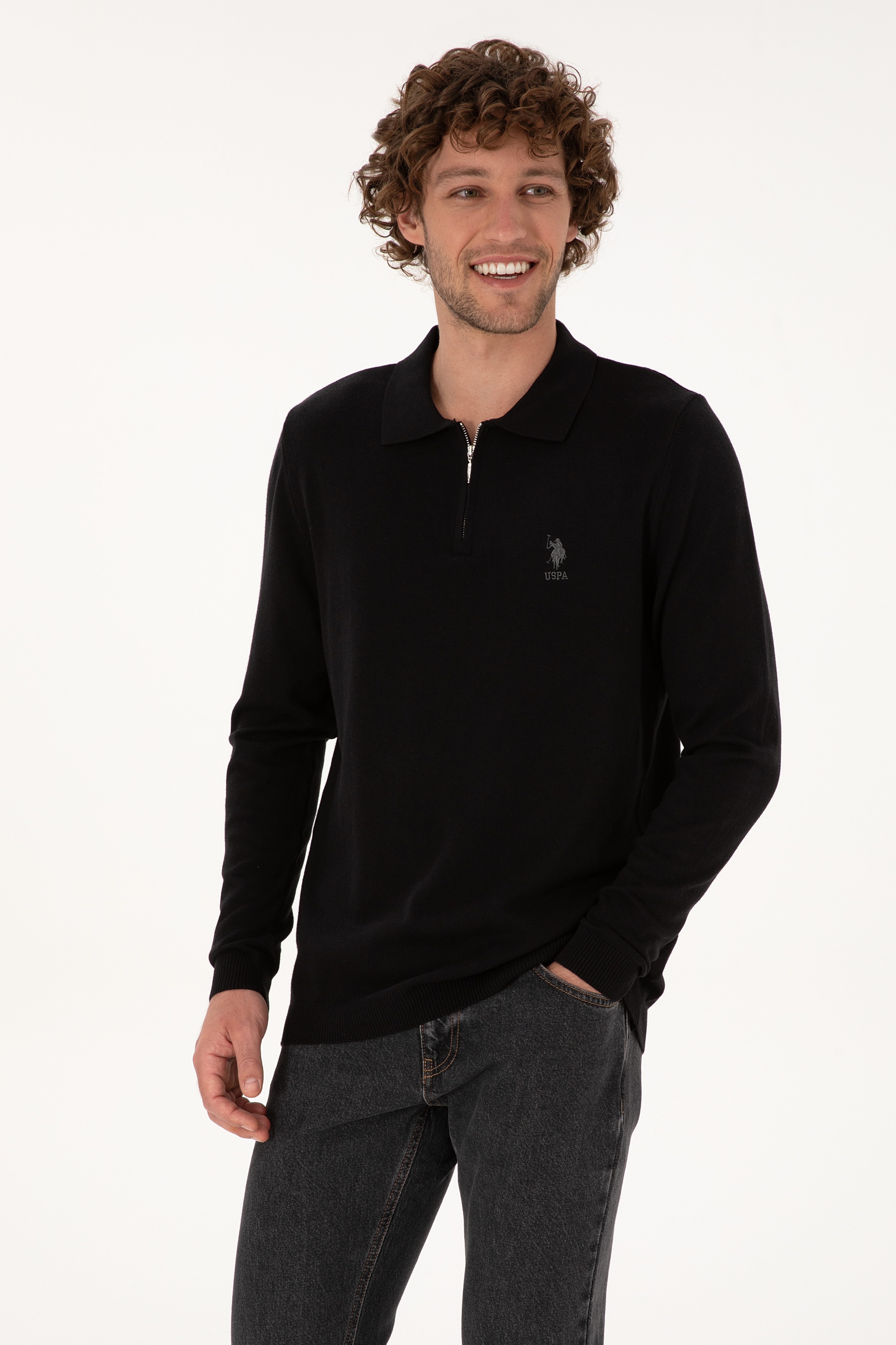 Erkek Slim Fit Yarım Fermuarlı Polo Yaka Siyah Kazak - Image 3