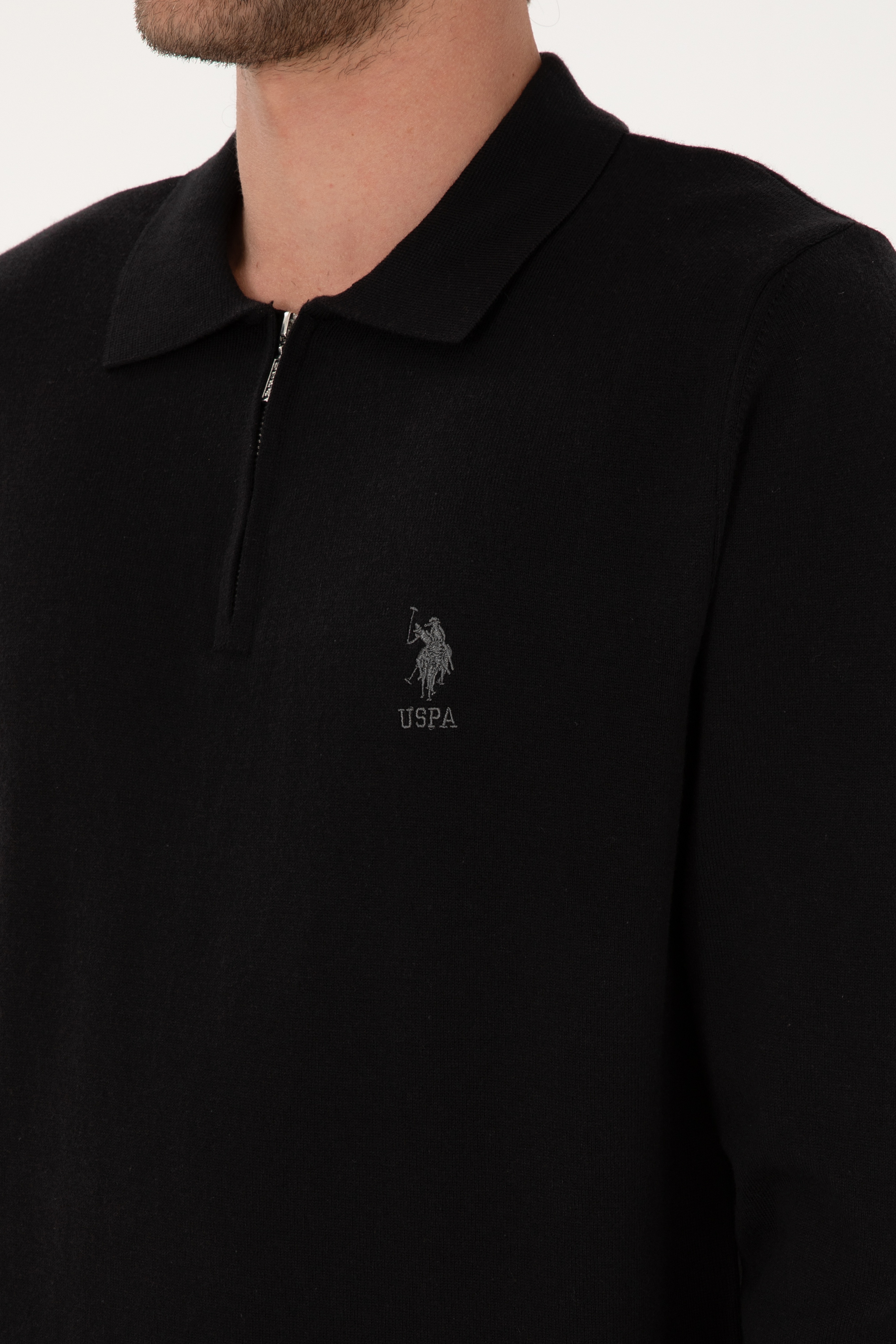 Erkek Slim Fit Yarım Fermuarlı Polo Yaka Siyah Kazak - Image 7