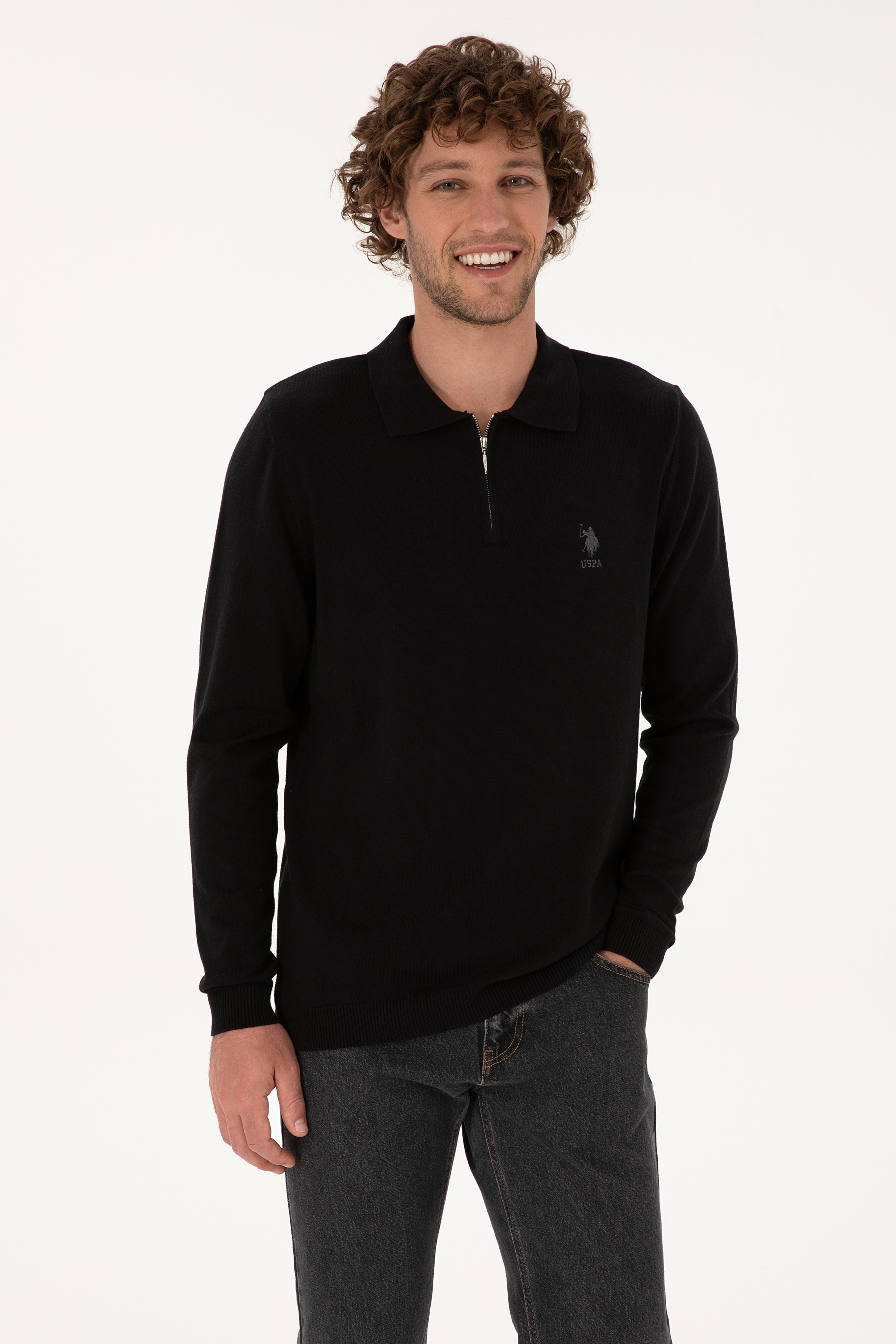 Erkek Slim Fit Yarım Fermuarlı Polo Yaka Siyah Kazak