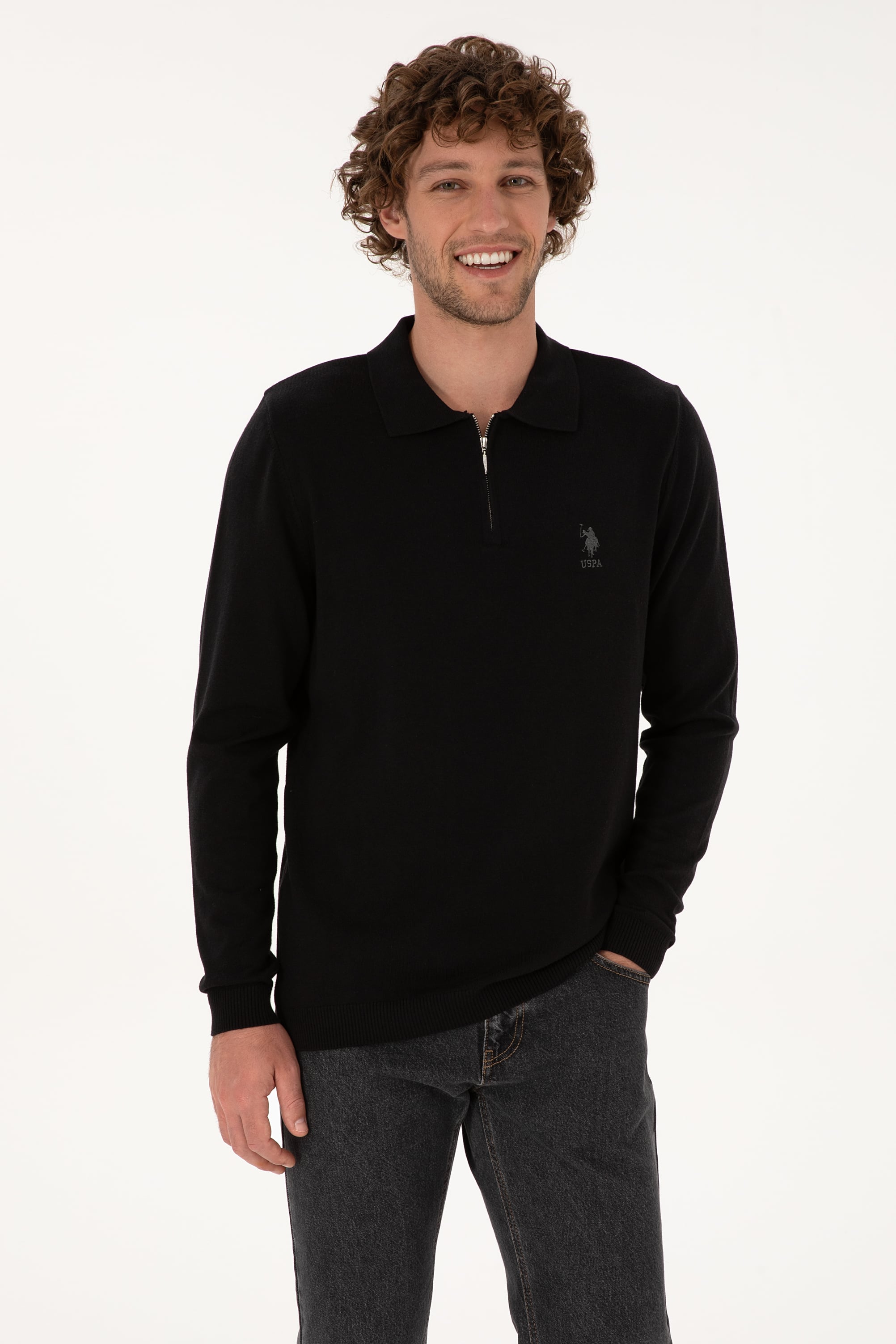 Erkek Slim Fit Yarım Fermuarlı Polo Yaka Siyah Kazak