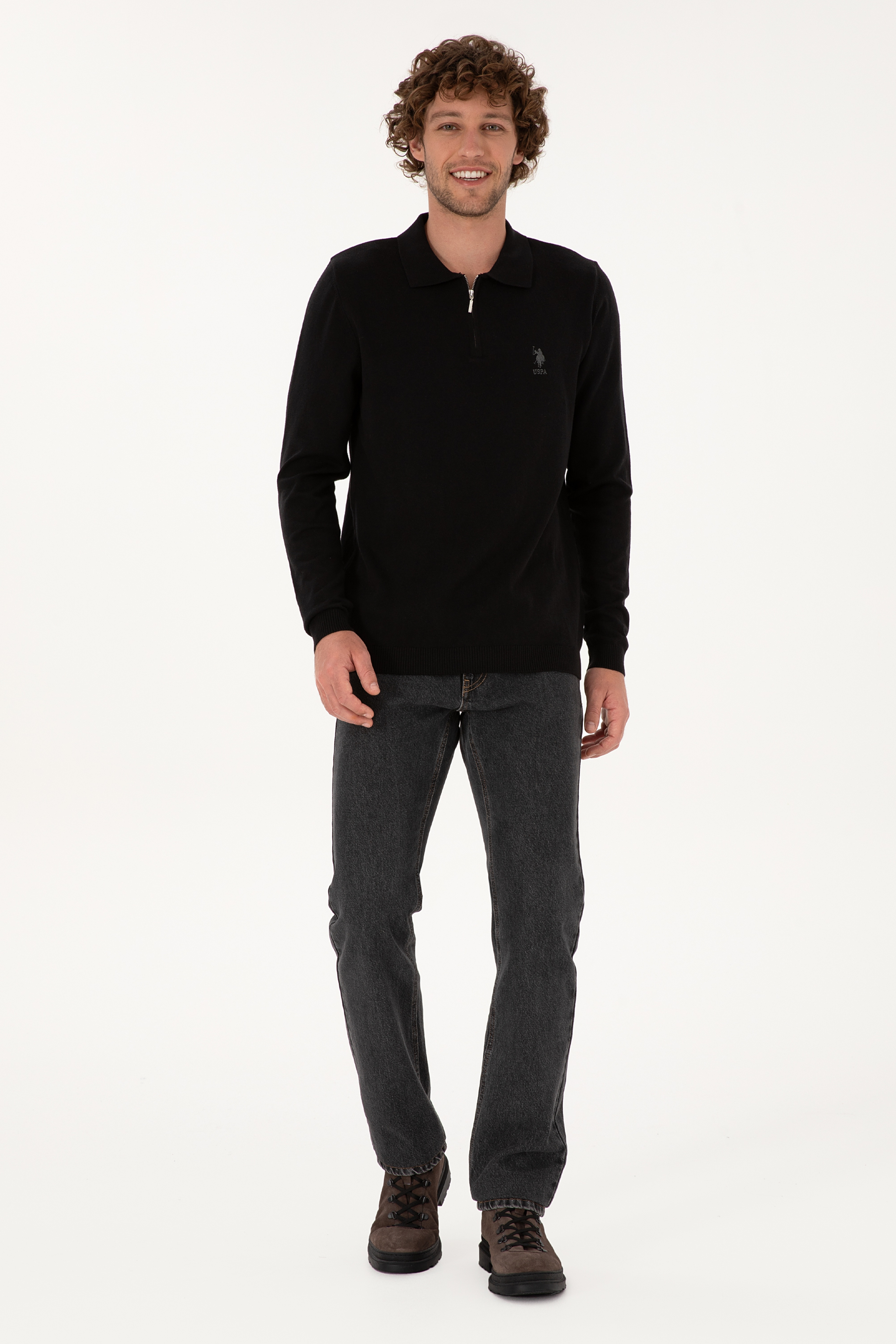 Erkek Slim Fit Yarım Fermuarlı Polo Yaka Siyah Kazak - Image 4