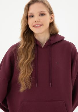Kadın Bordo Şardonlu Kapüşonlu Sweatshırt - 50313567071
