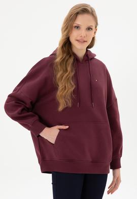 Kadın Bordo Şardonlu Kapüşonlu Sweatshırt - 50313567071