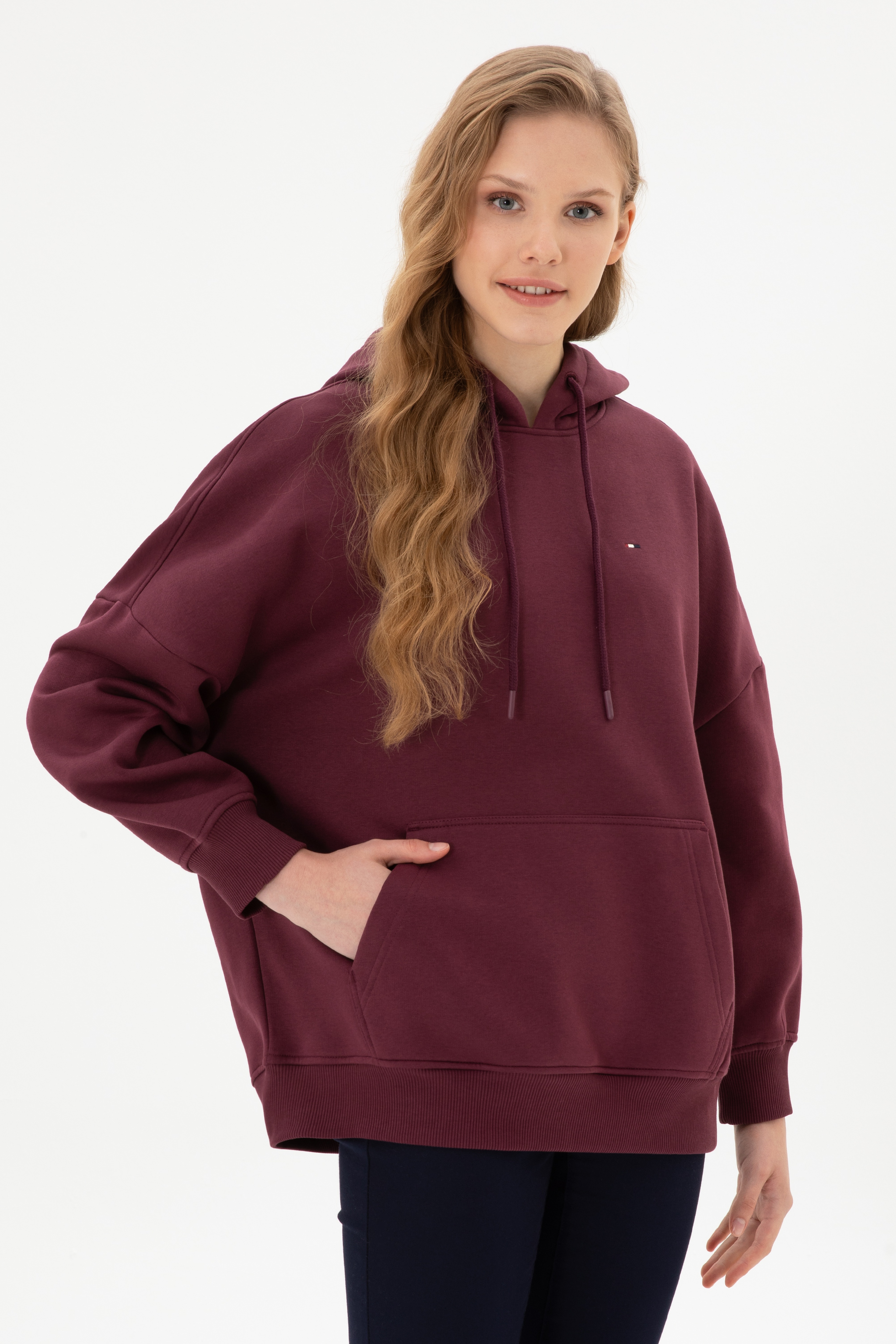 Kadın Bordo Şardonlu Kapüşonlu Sweatshırt