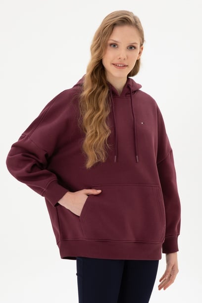 Kadın Bordo Şardonlu Kapüşonlu Sweatshırt