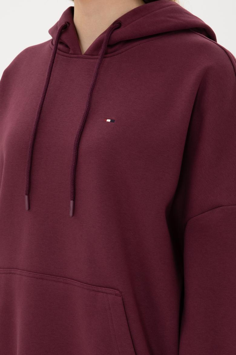 Kadın Bordo Şardonlu Kapüşonlu Sweatshırt - 50313567071