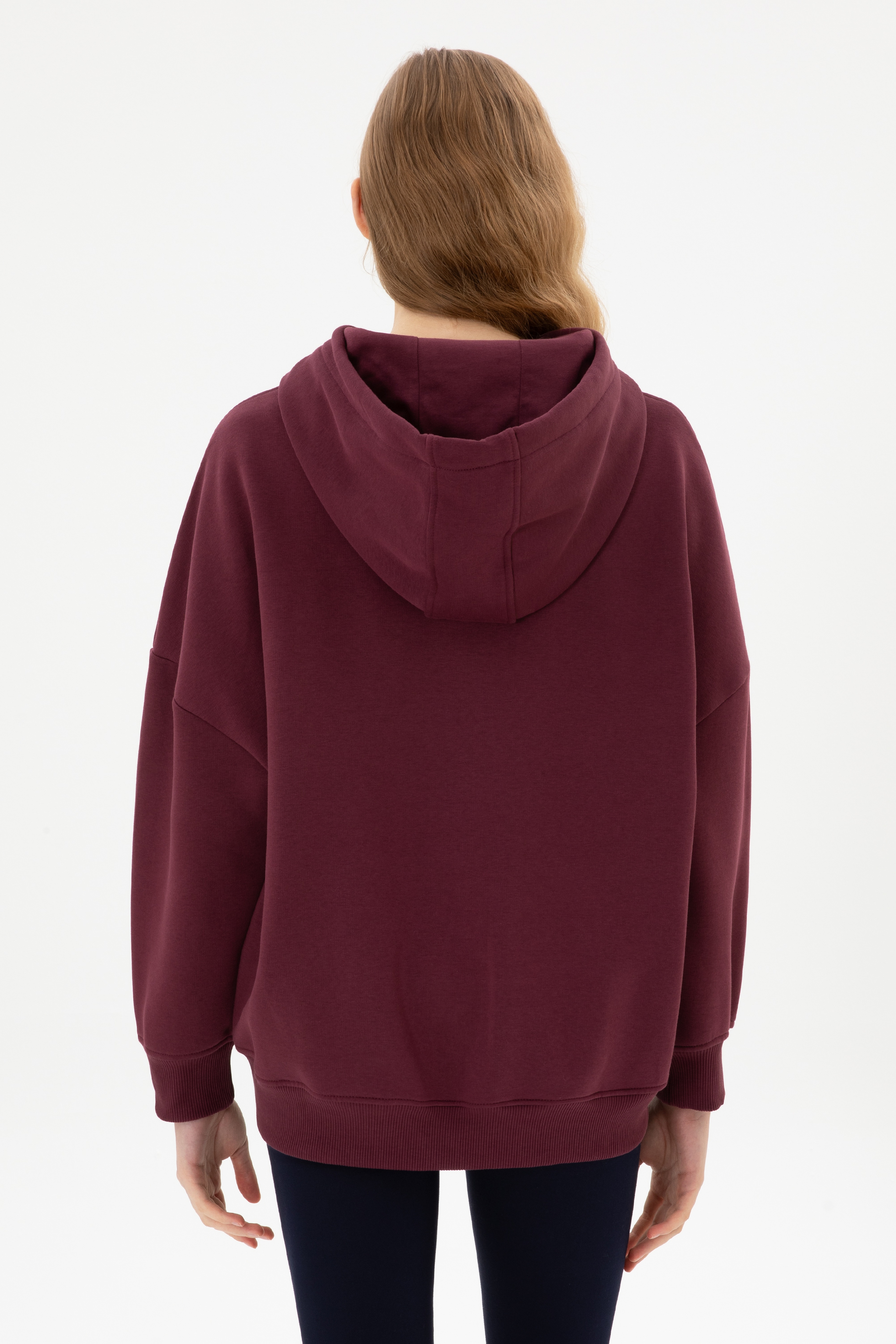 Kadın Bordo Şardonlu Kapüşonlu Sweatshırt - Image 5