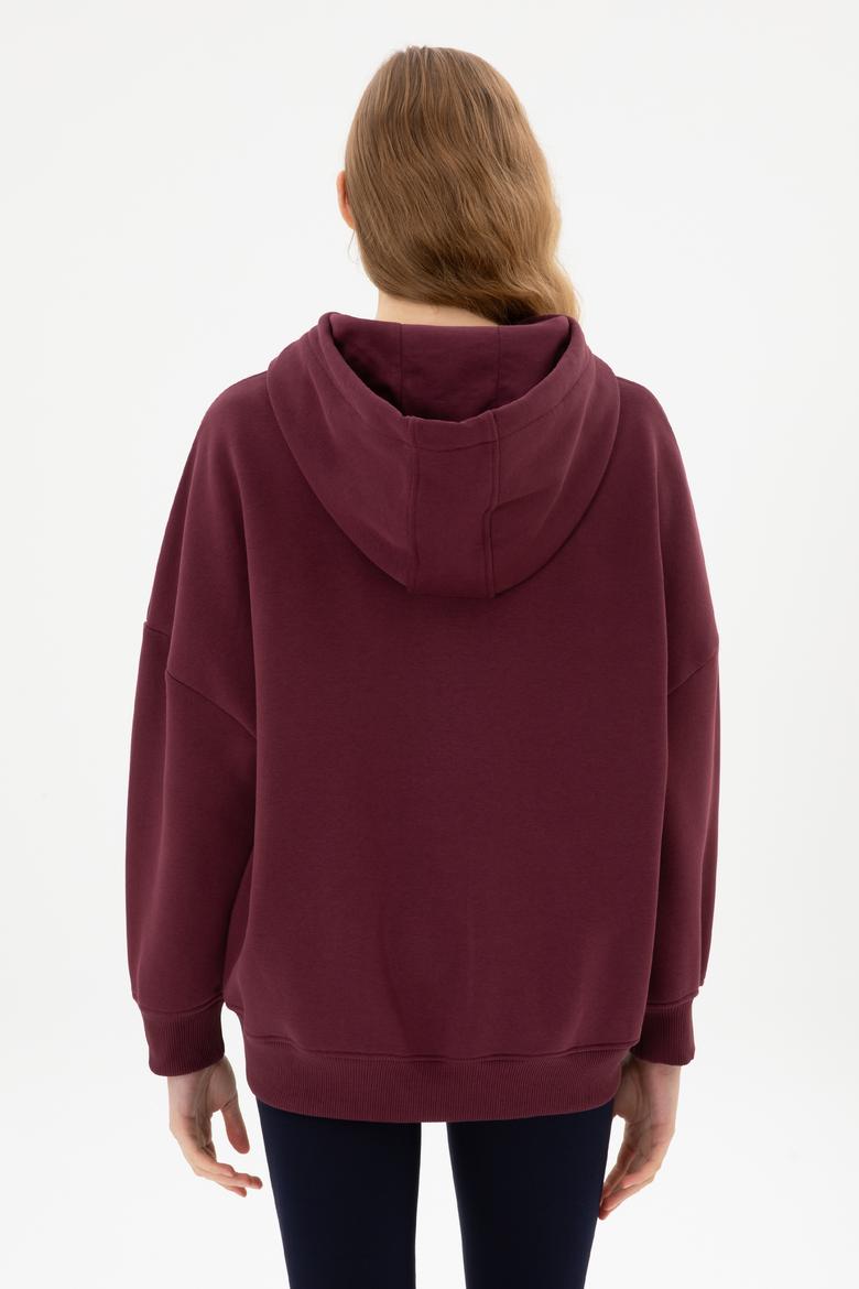 Kadın Bordo Şardonlu Kapüşonlu Sweatshırt - 50313567071
