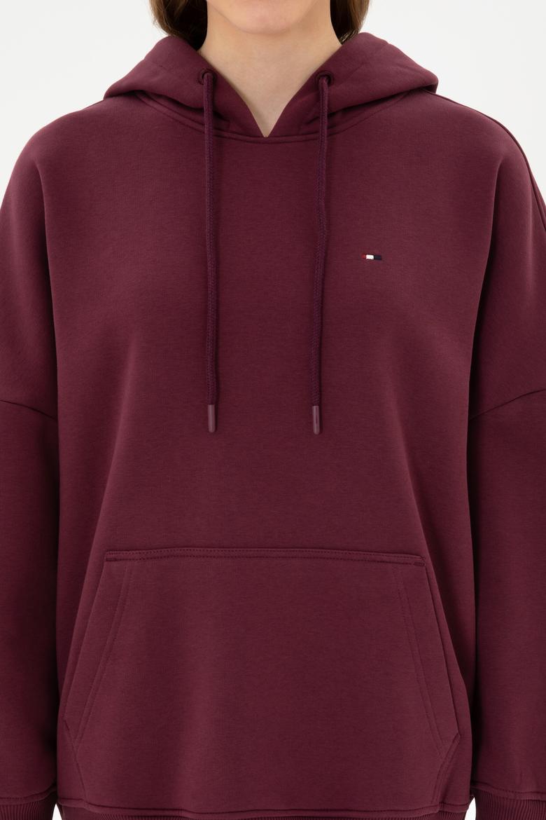 Kadın Bordo Şardonlu Kapüşonlu Sweatshırt - 50313567071