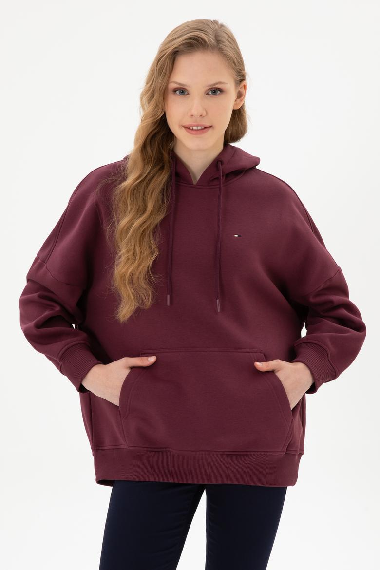 Kadın Bordo Şardonlu Kapüşonlu Sweatshırt