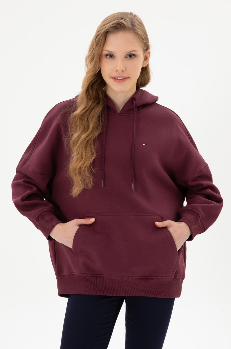 Kadın Bordo Şardonlu Kapüşonlu Sweatshırt