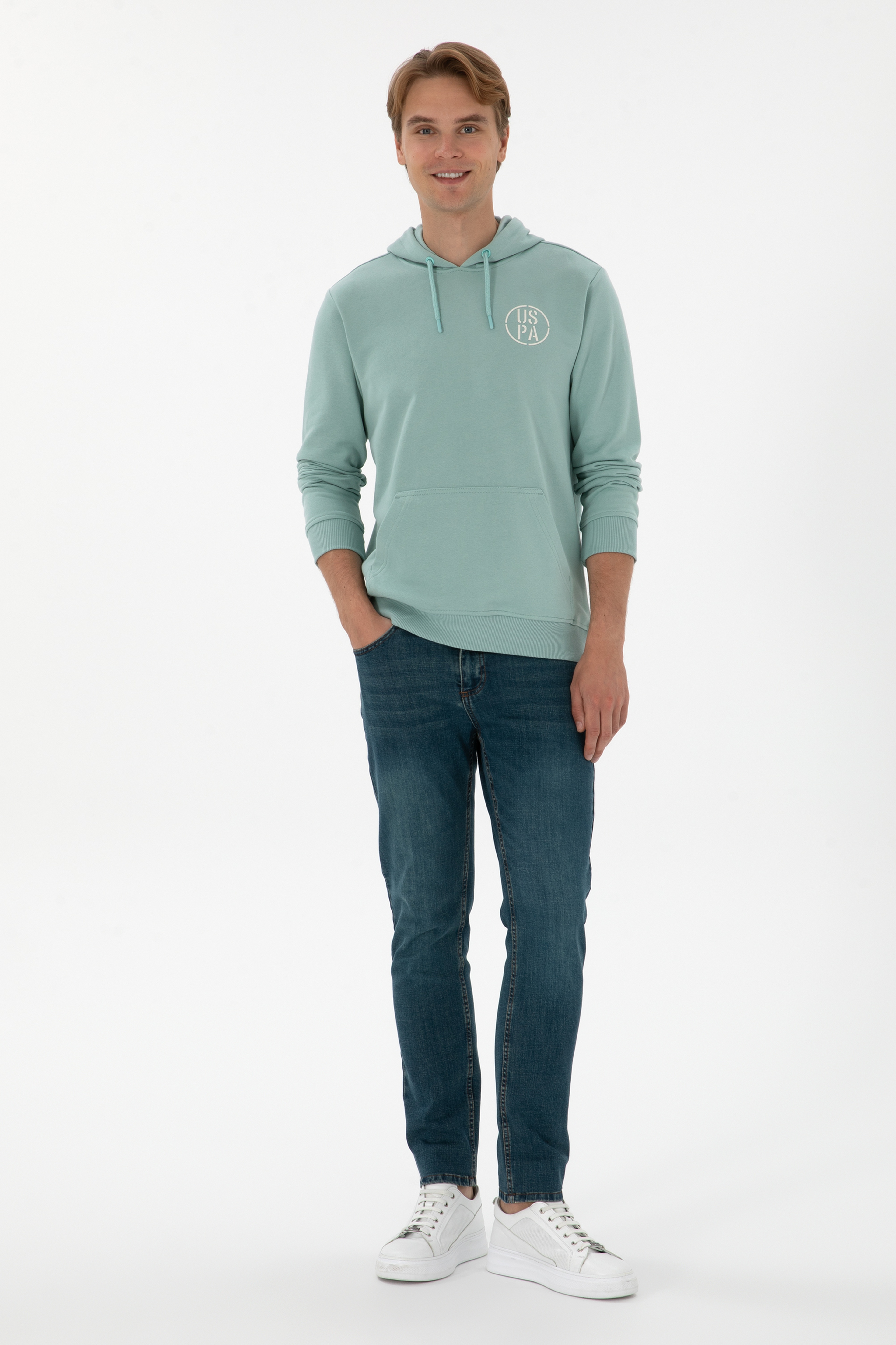 Erkek Regular Fit Kapüşonlu Mint Sweatshirt - Image 4