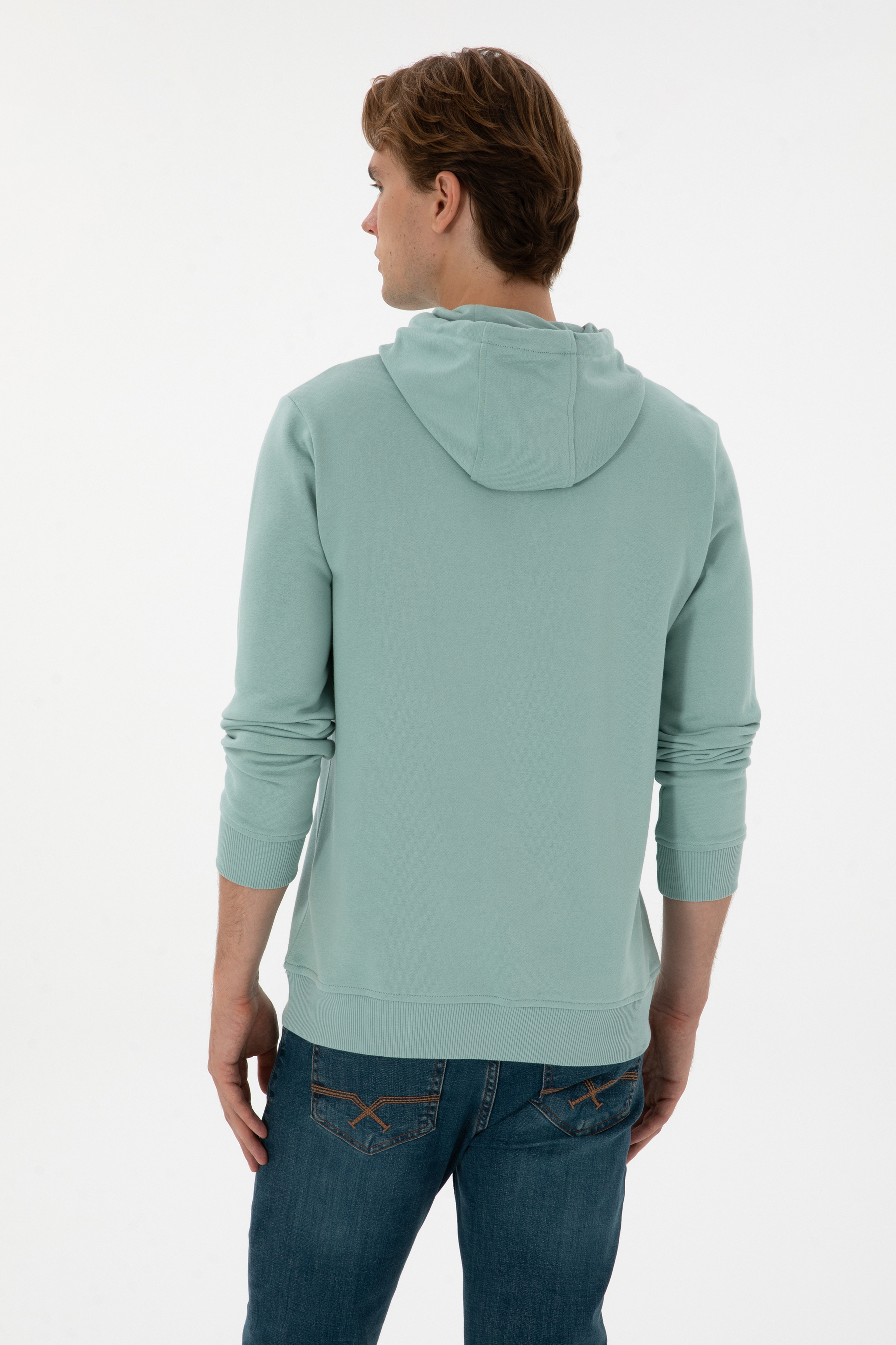 Erkek Regular Fit Kapüşonlu Mint Sweatshirt - Image 5