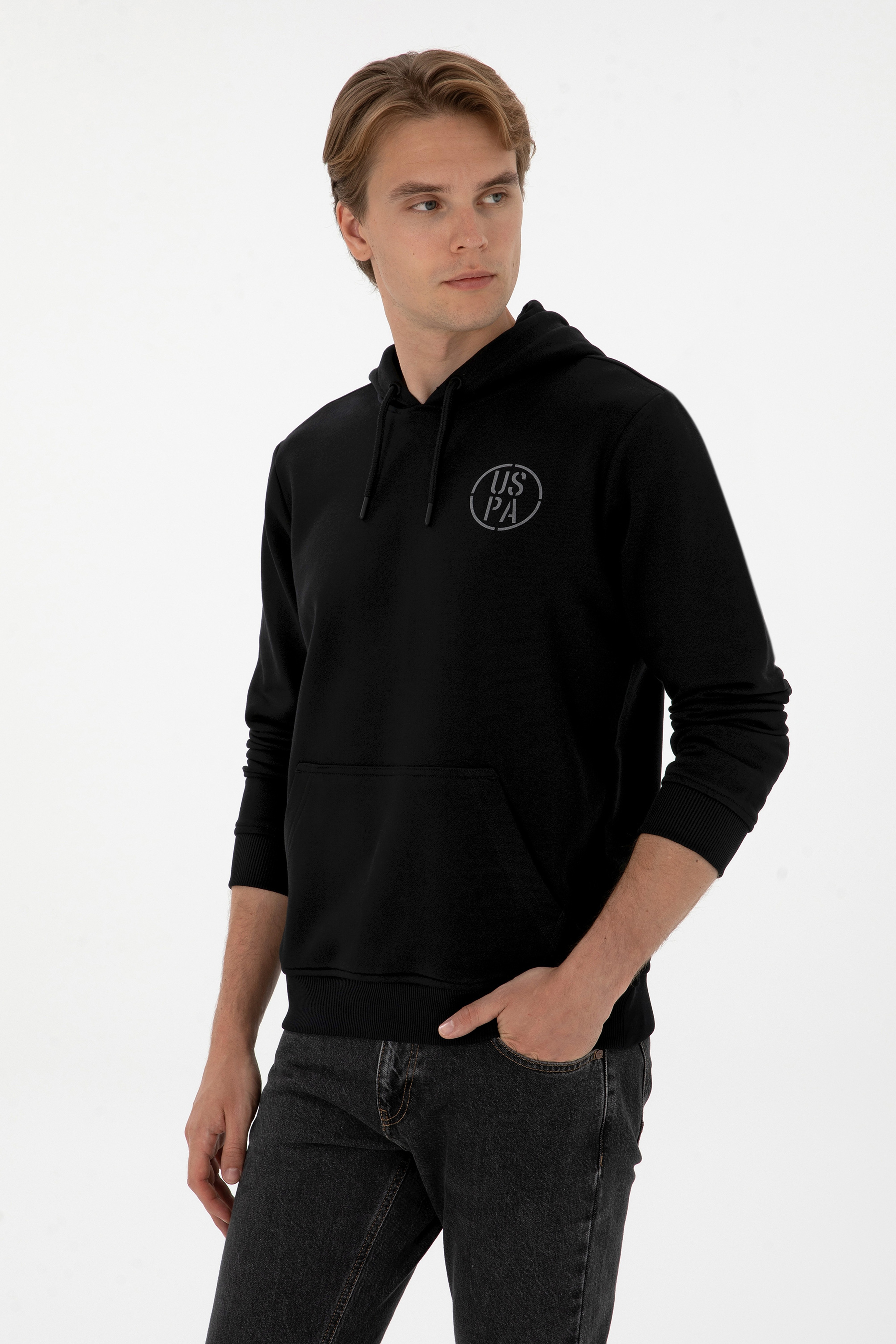 Erkek Regular Fit Kapüşonlu Siyah Sweatshirt - Image 3