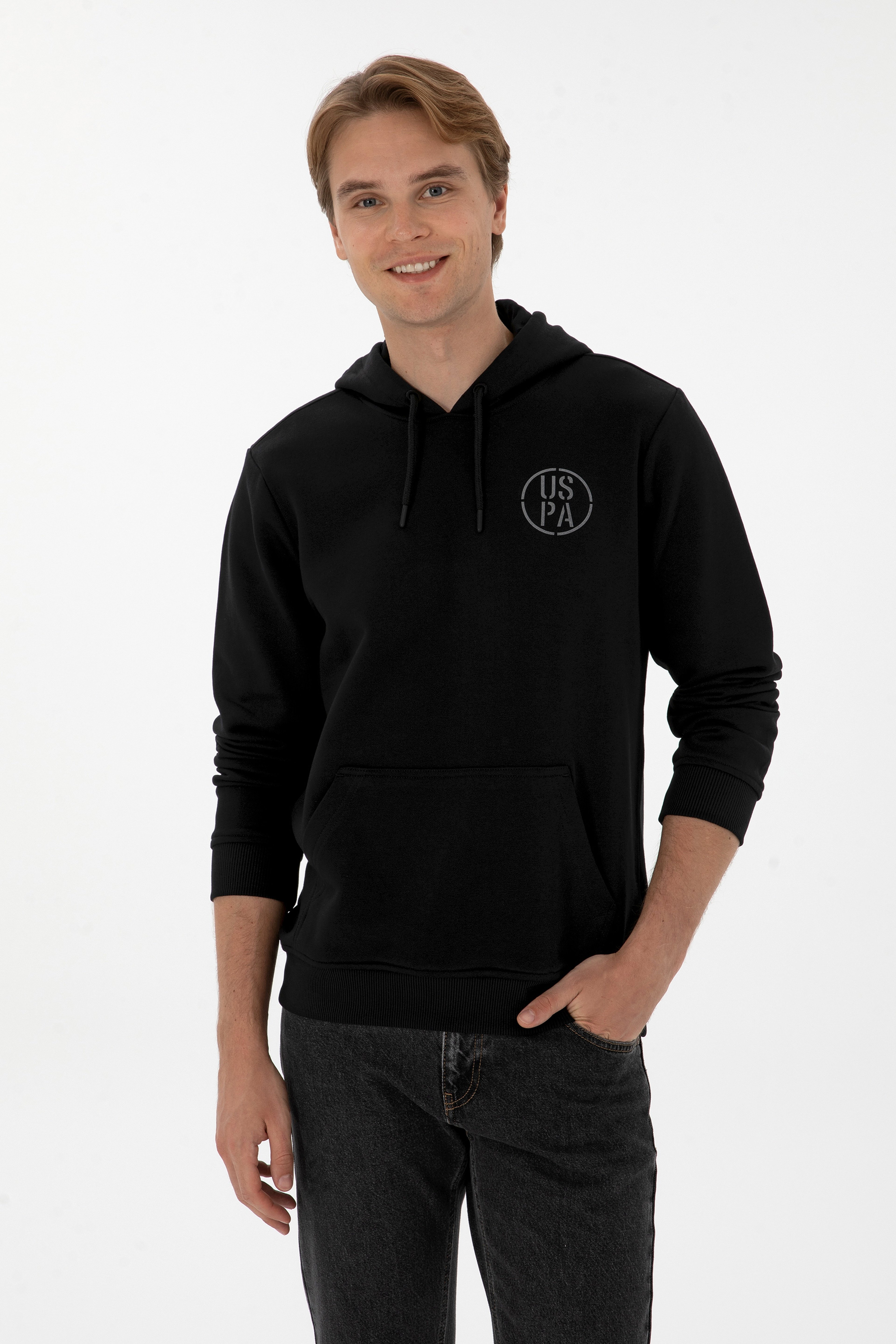 Erkek Regular Fit Kapüşonlu Siyah Sweatshirt - Image 1