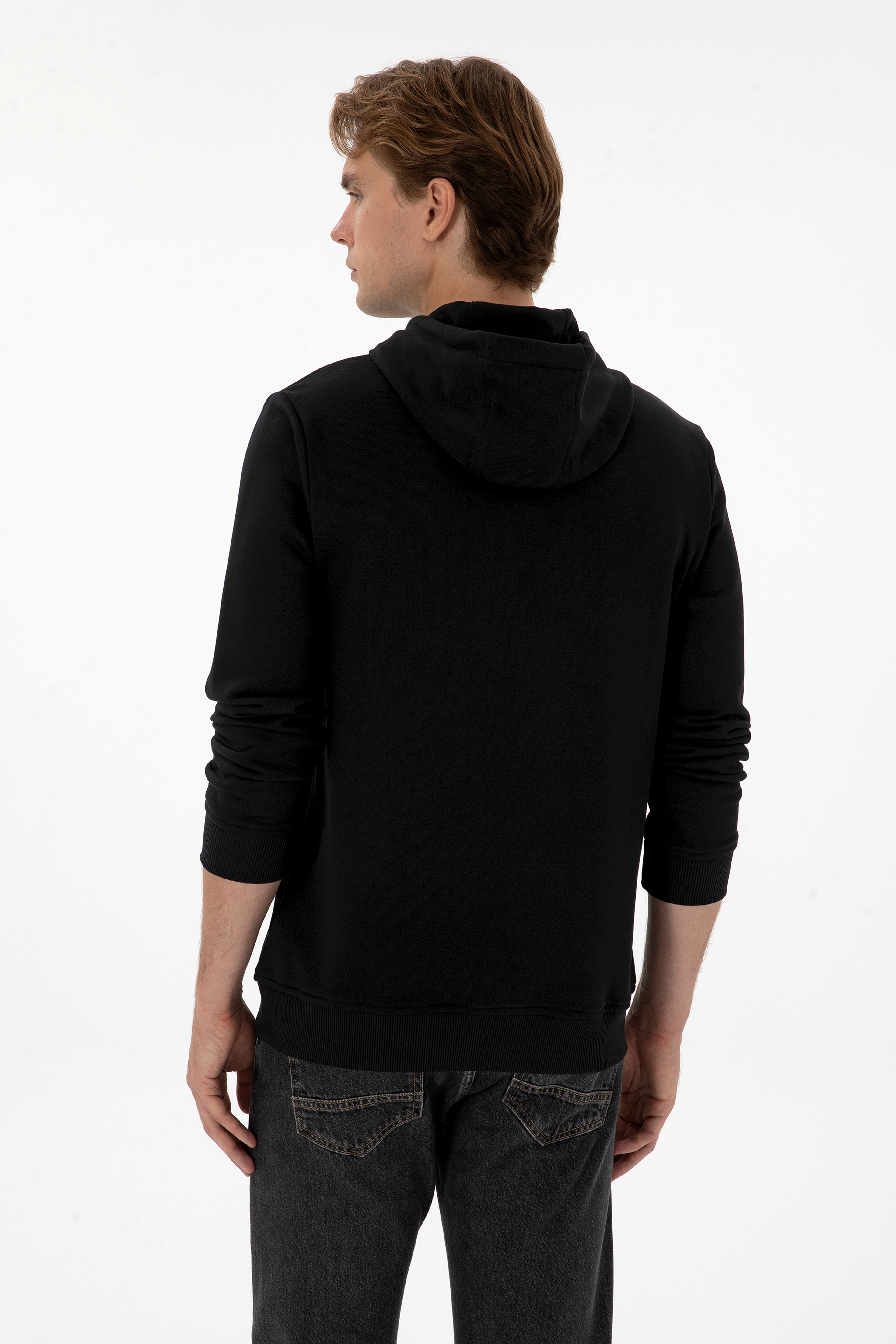 Erkek Regular Fit Kapüşonlu Siyah Sweatshirt - Image 5