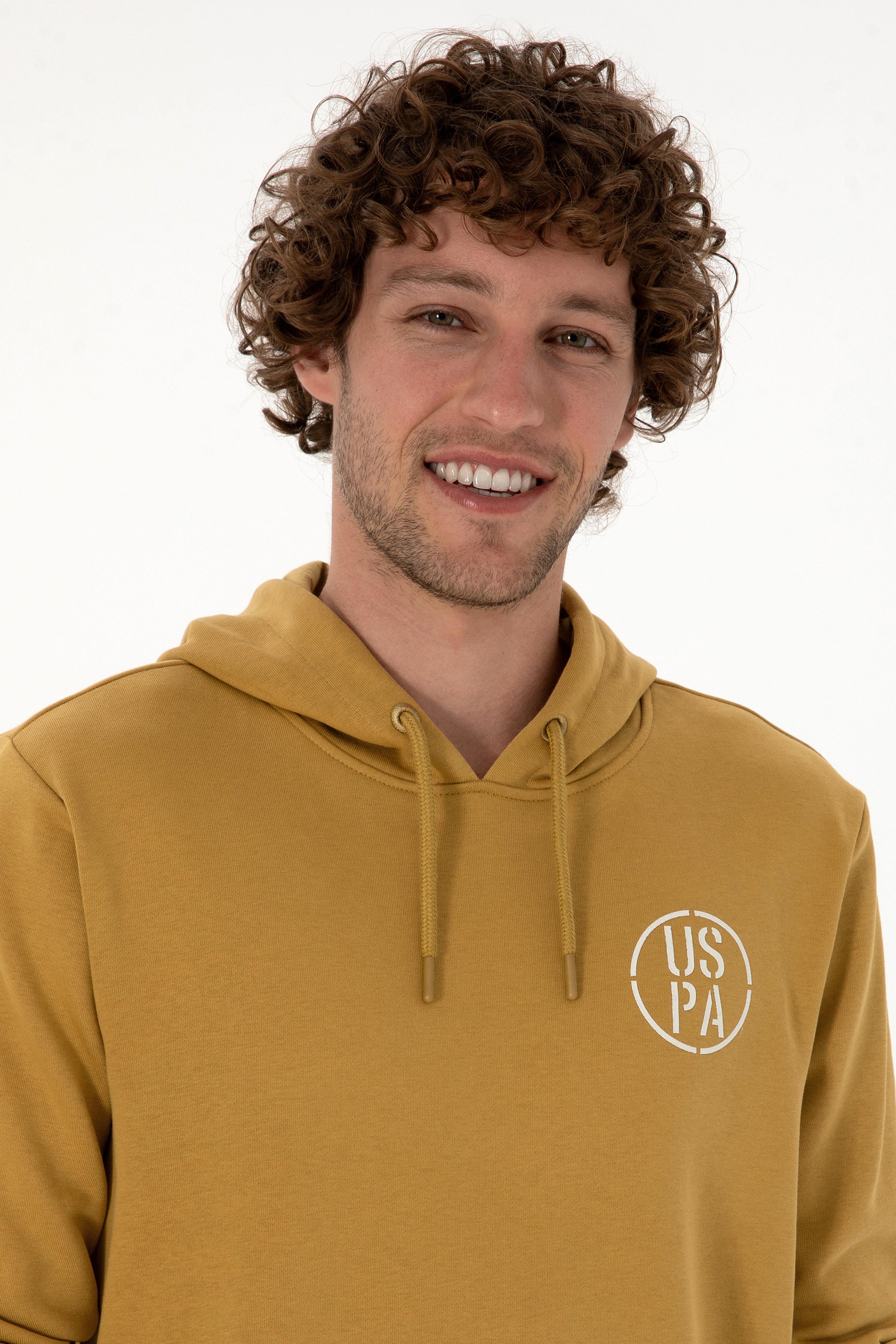 Erkek Regular Fit Kapüşonlu Hardal Sweatshirt - Image 2