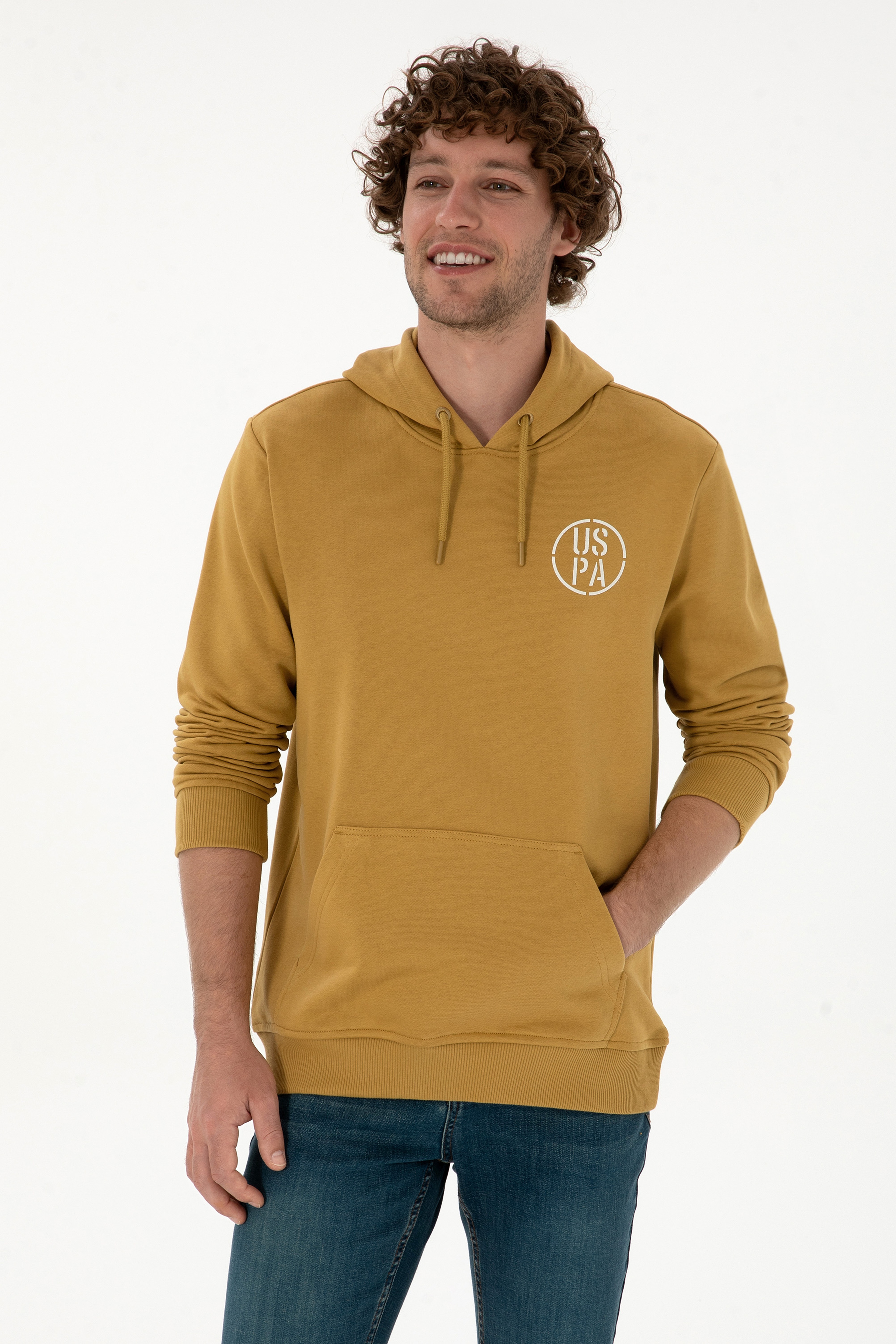 Erkek Regular Fit Kapüşonlu Hardal Sweatshirt - Image 1