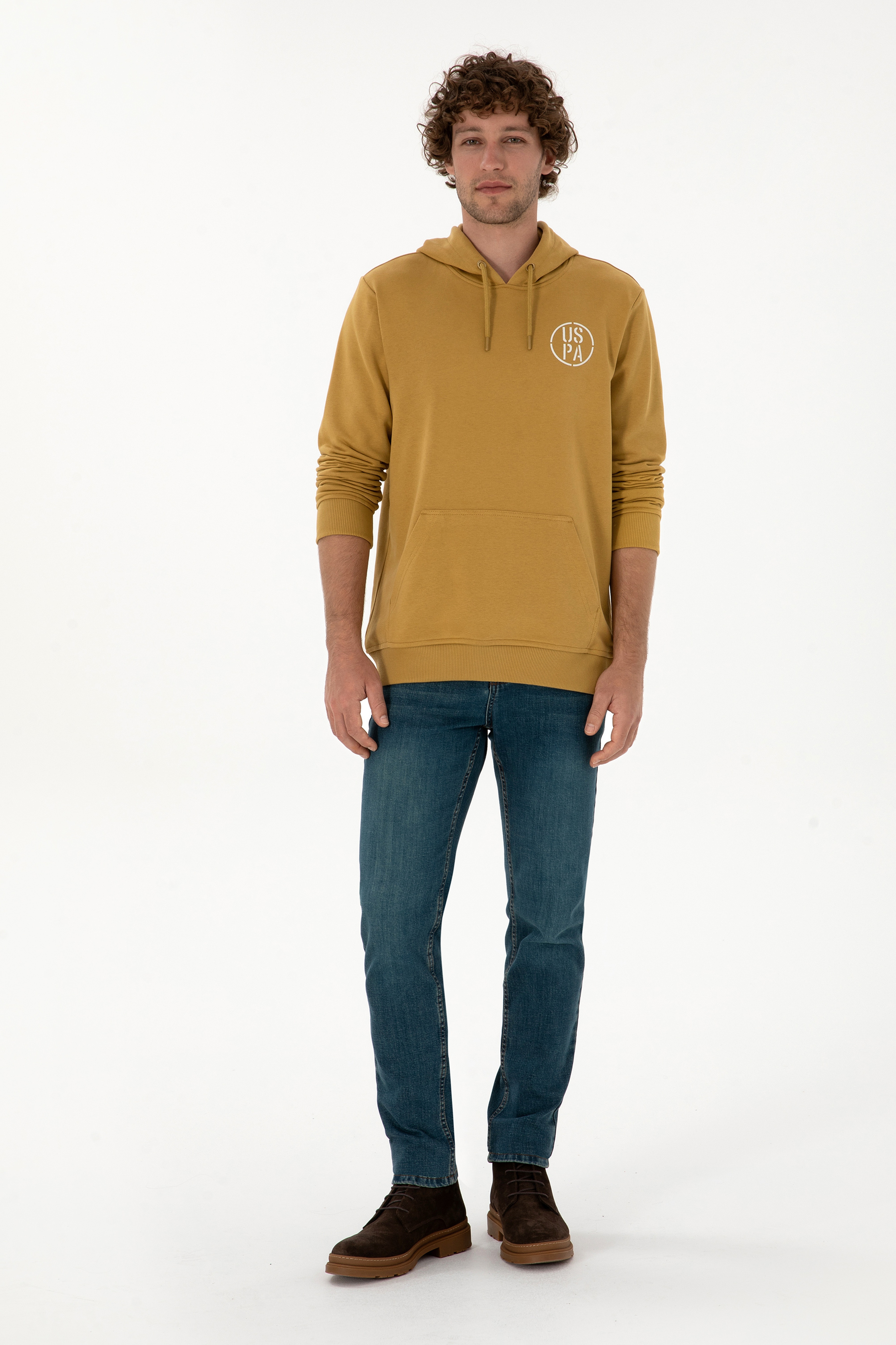 Erkek Regular Fit Kapüşonlu Hardal Sweatshirt