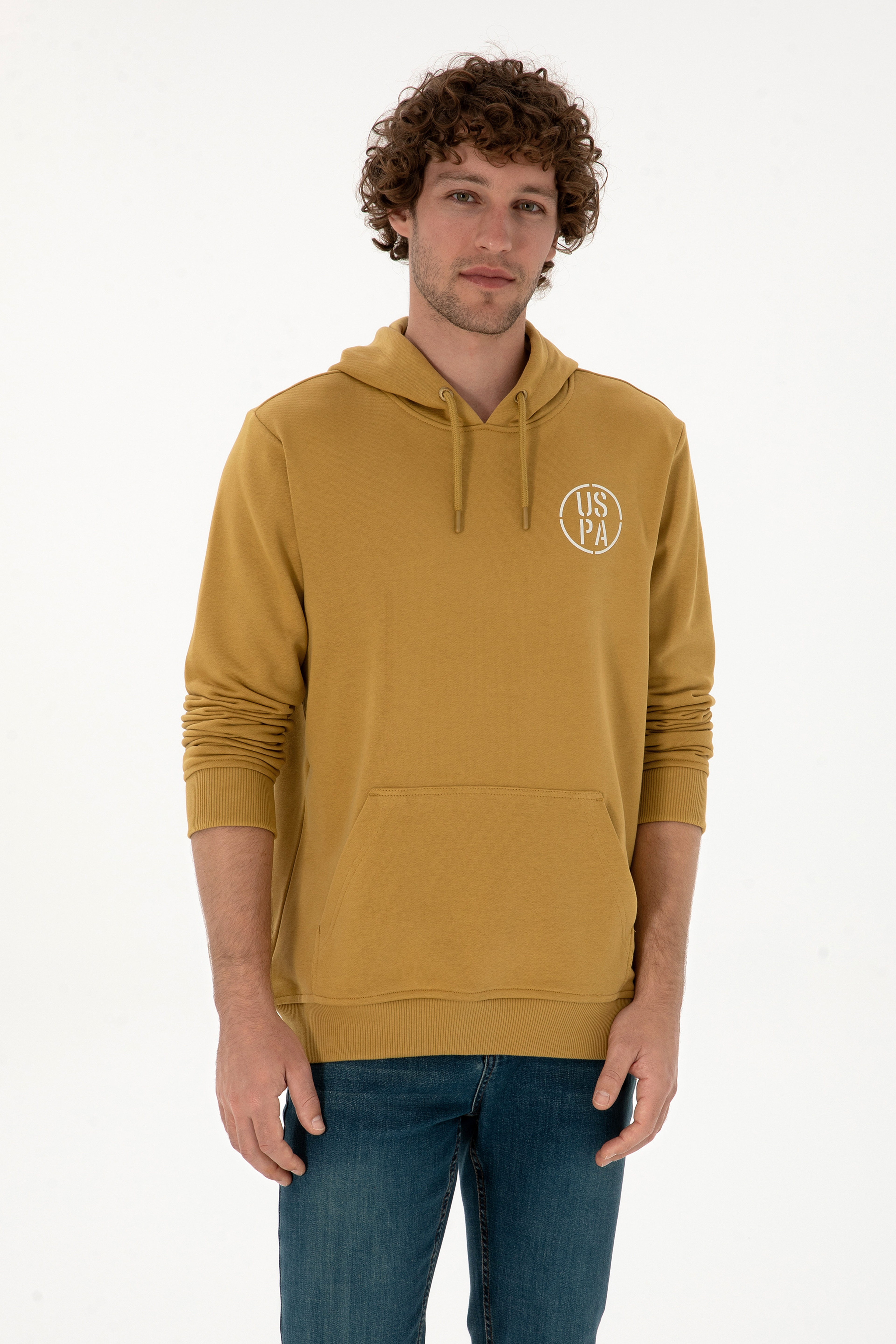 Erkek Regular Fit Kapüşonlu Hardal Sweatshirt - Image 3