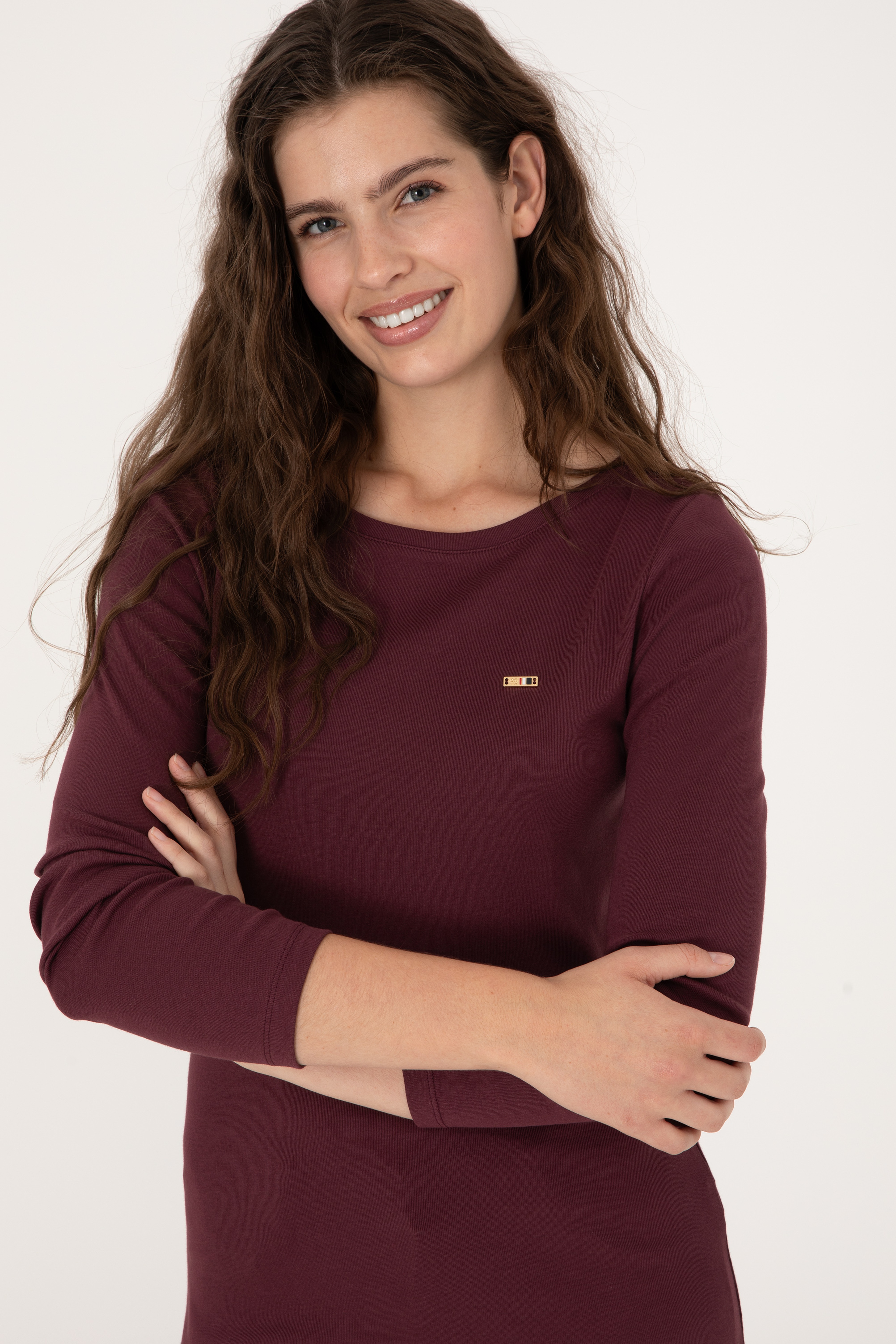 Kadın Bordo Slim Bisiklet Yaka Basic Sweatshırt - Image 2